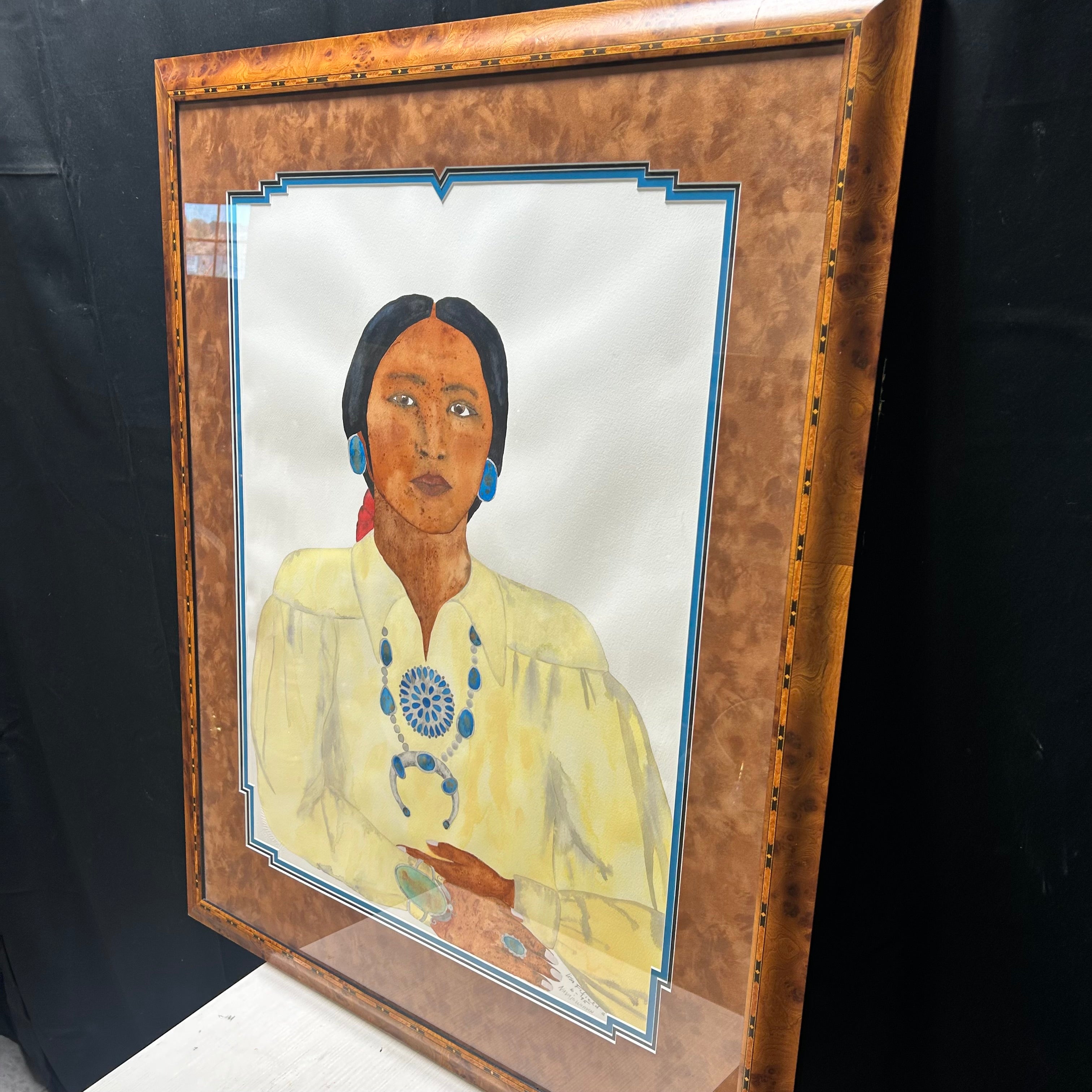 Lisa FiField 1995 Water Color "Navajo Woman" With Burl Wood Frame  32"x 39"