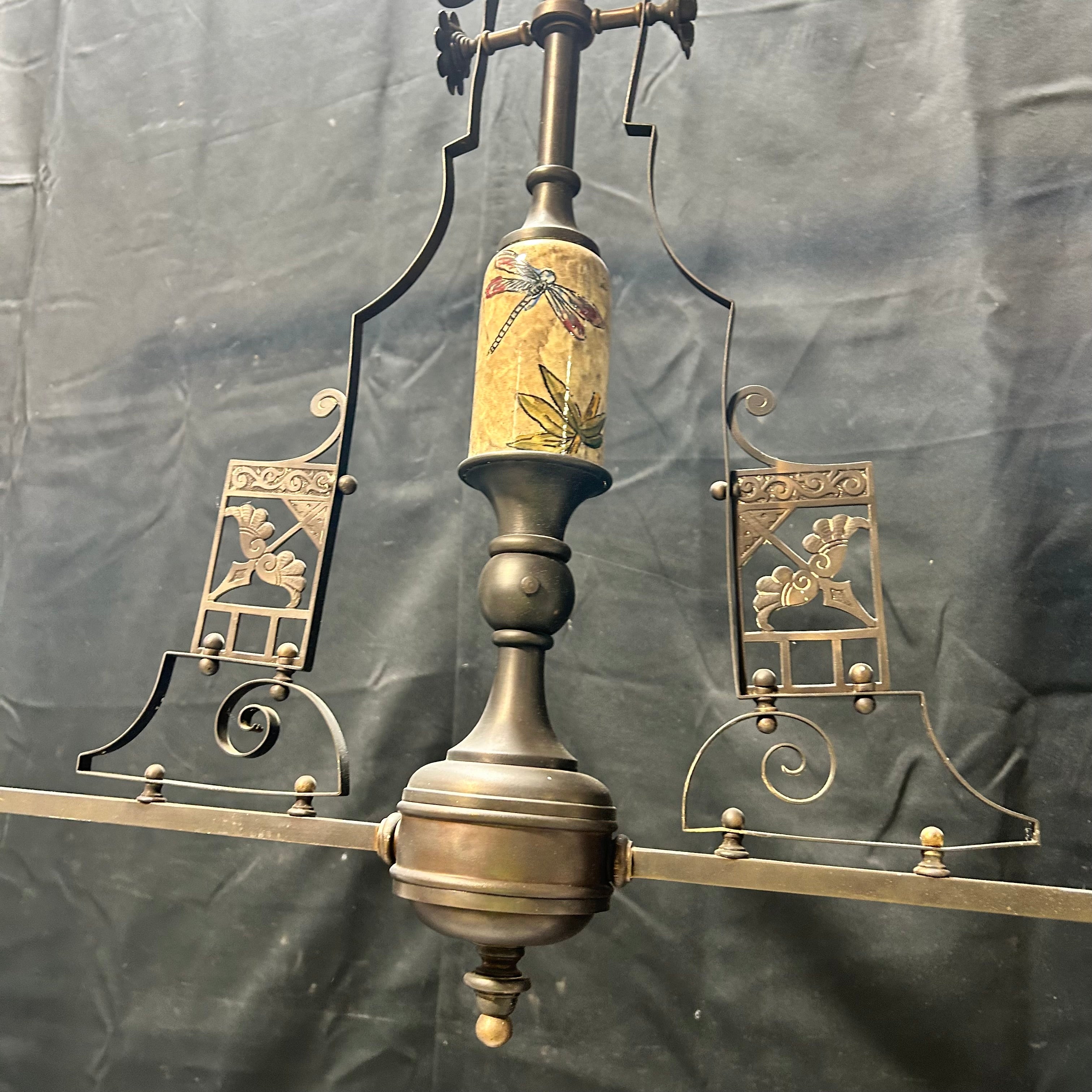 Early Circa 1900 2 Light East Lake Detailing With Ceramic Painted Dragonfly etched Glass 40"x 28"