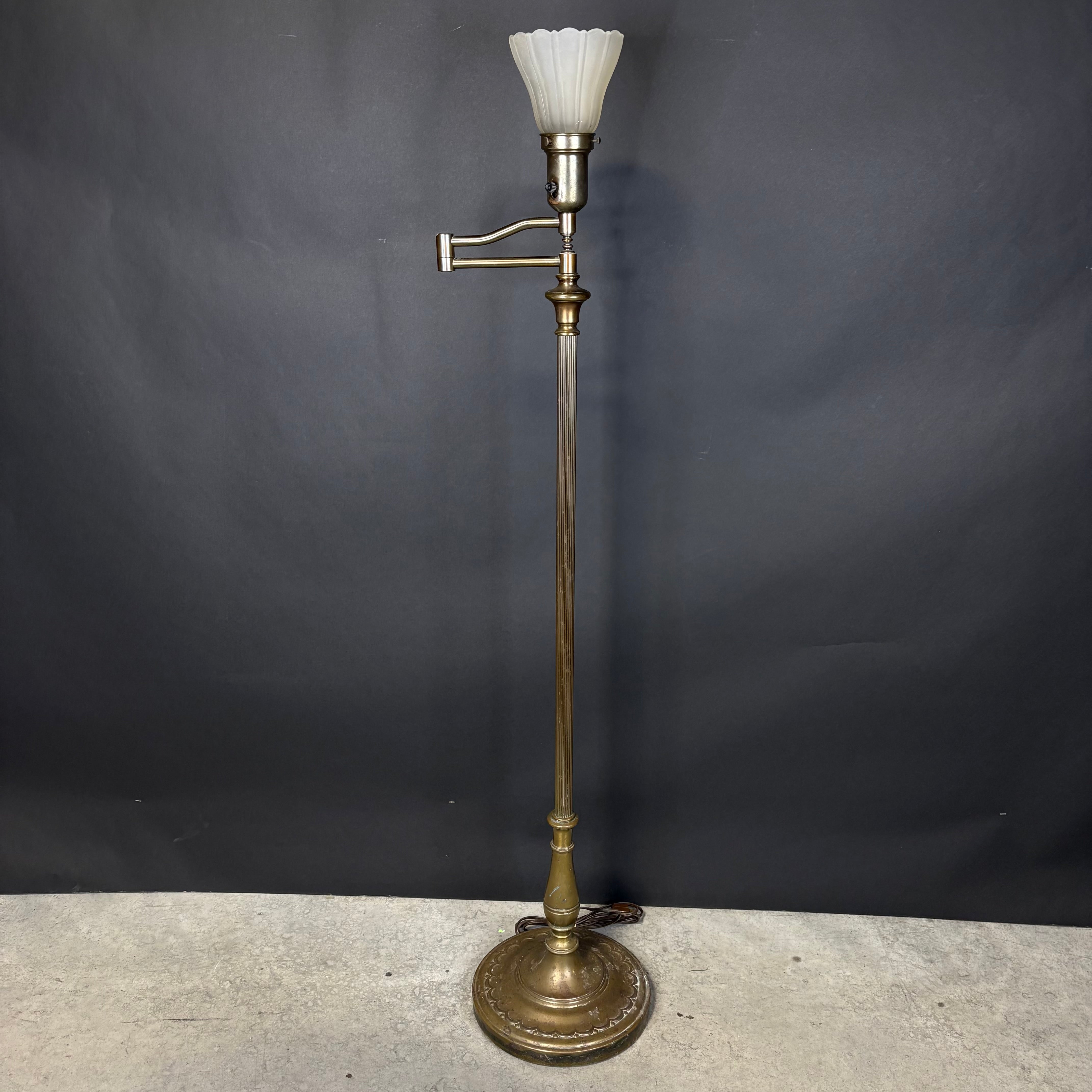 Antique Ornate Brass Swing Arm with Glass Shade Floor Lamp 11” Diameter x 53”