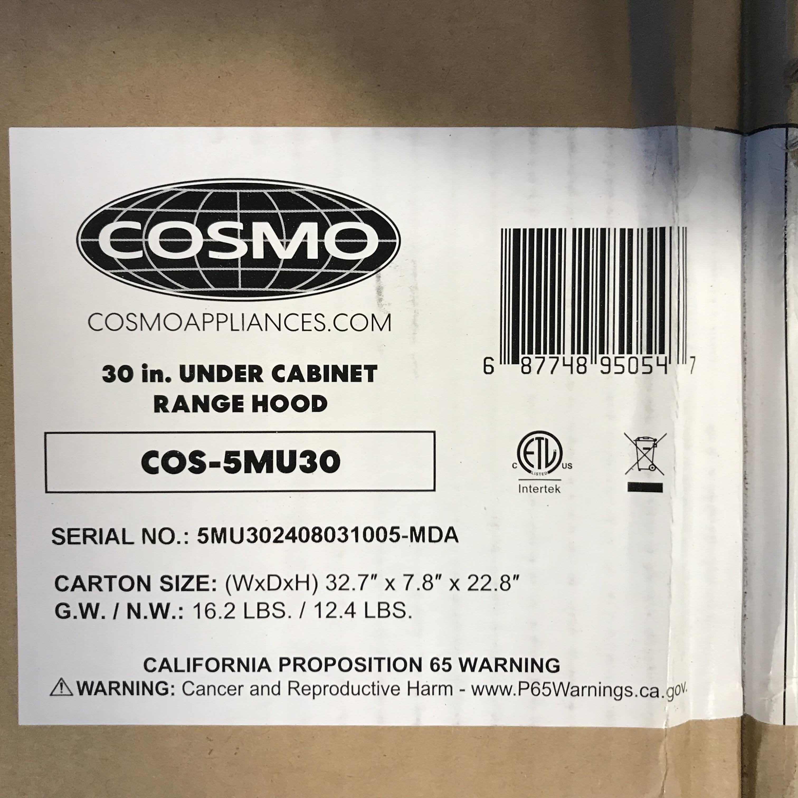 Cosmo 30" Stainless Steel Under Cabinet Range Hood 30"x 22"x 7" (NEW IN BOX)