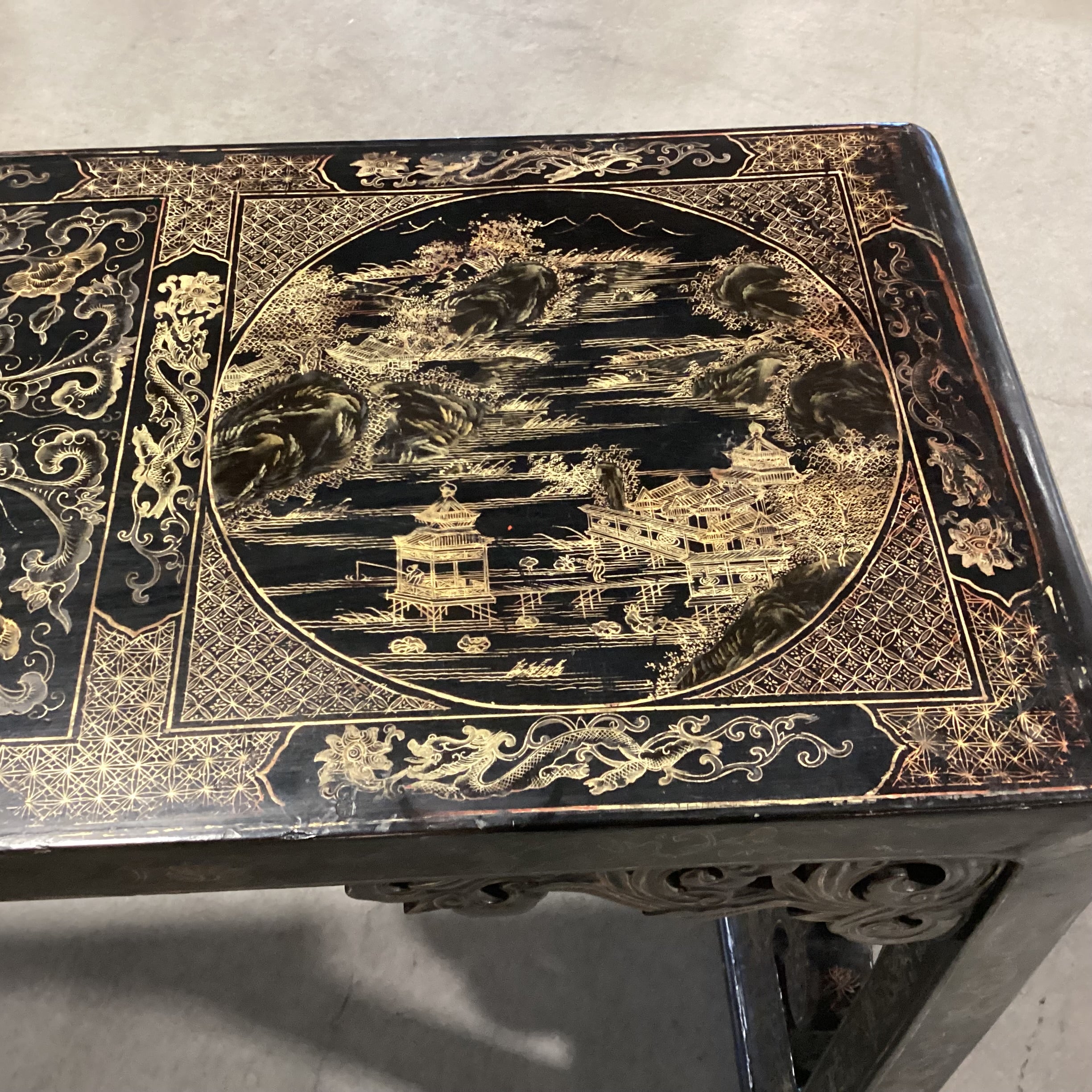 Vintage Chinoiserie Black Lacquer & Gold Hand Painted Console Sofa Table 61"x 16"x 34"