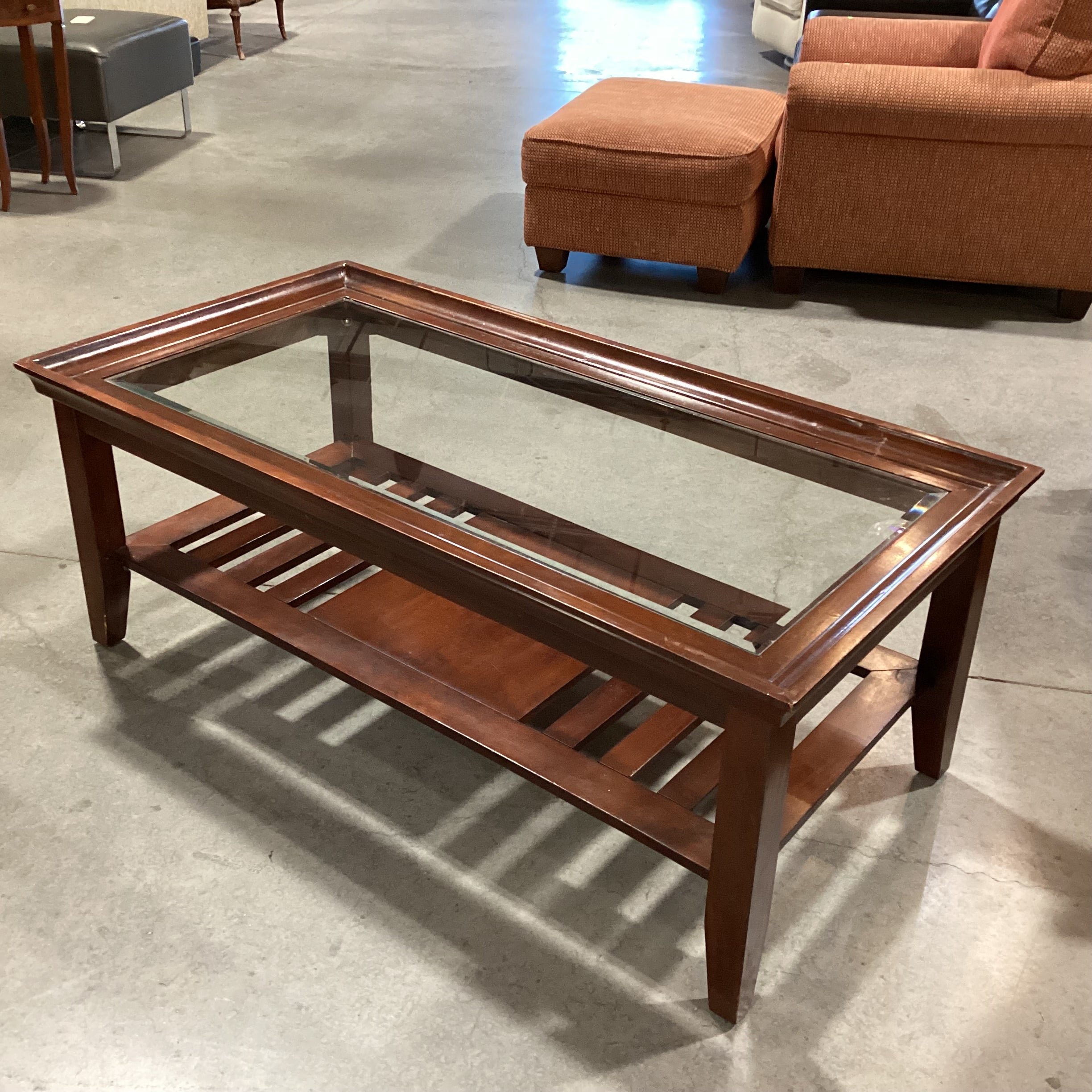 Dark Finished Wood with Slatted Bottom Shelf & Inset Glass Top Coffee Table 50"x 26"x 20"