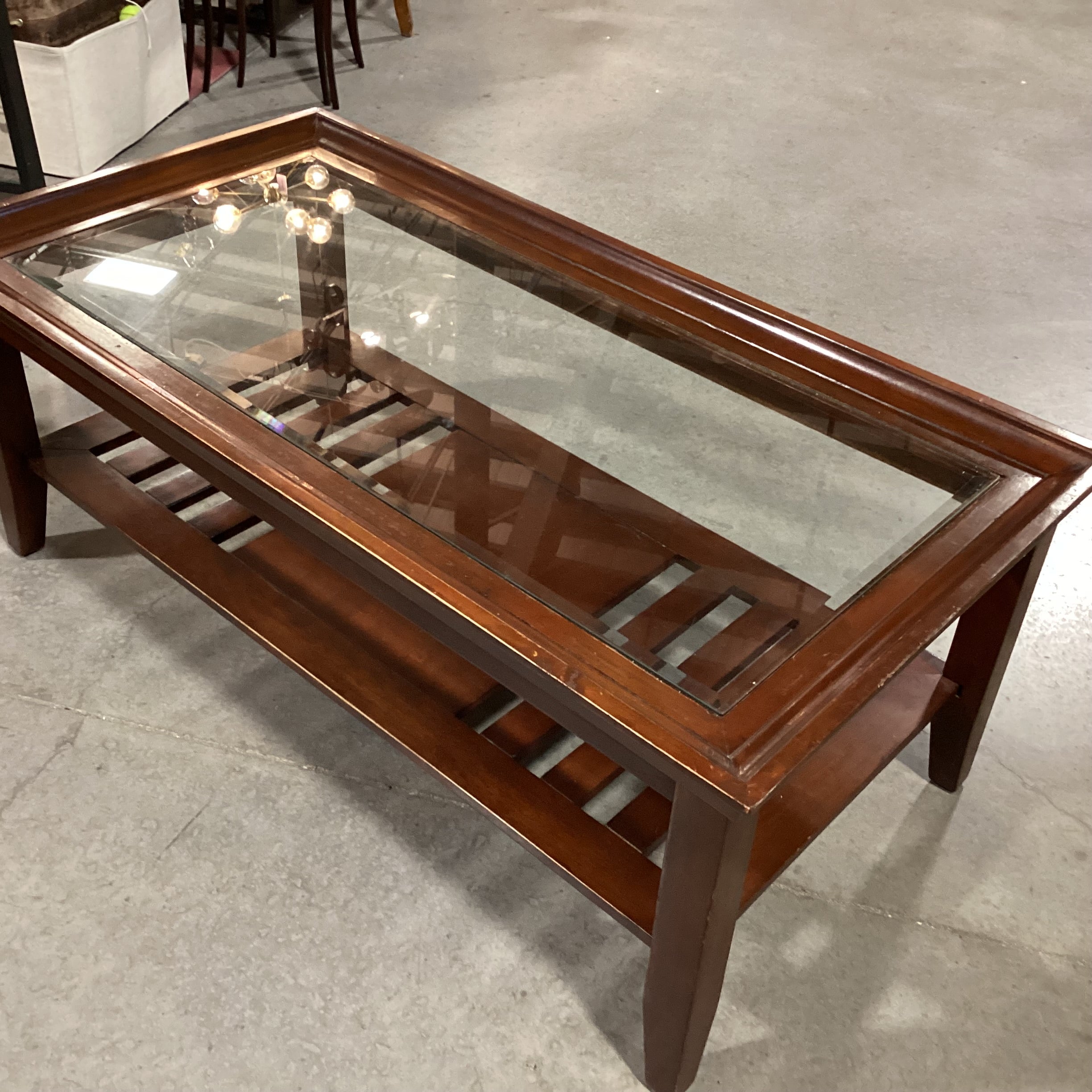 Dark Finished Wood with Slatted Bottom Shelf & Inset Glass Top Coffee Table 50"x 26"x 20"