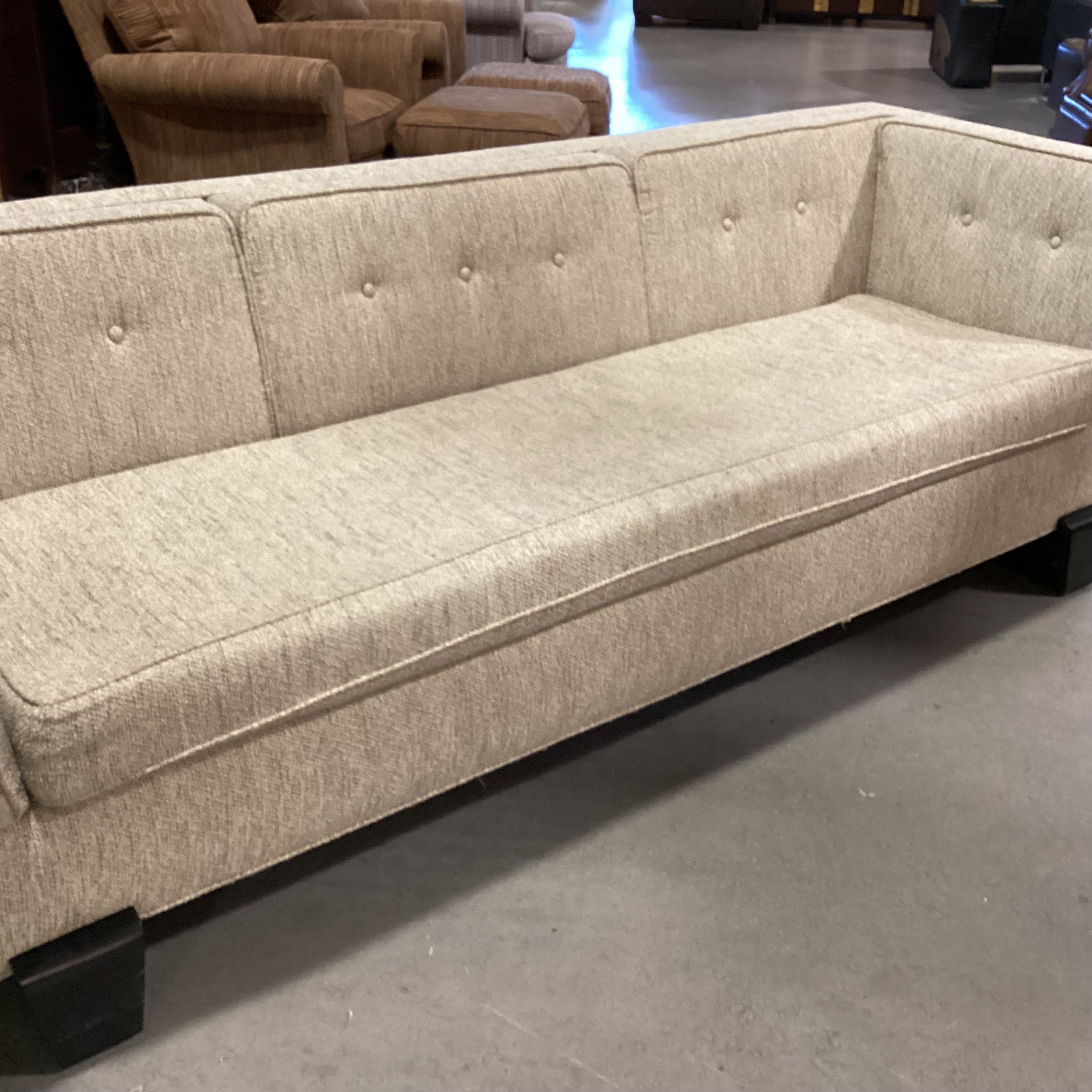 Vintage Asian Inspired Beige Woven Black Finished Wood Rail Base Sofa 98"x 37"x 29"