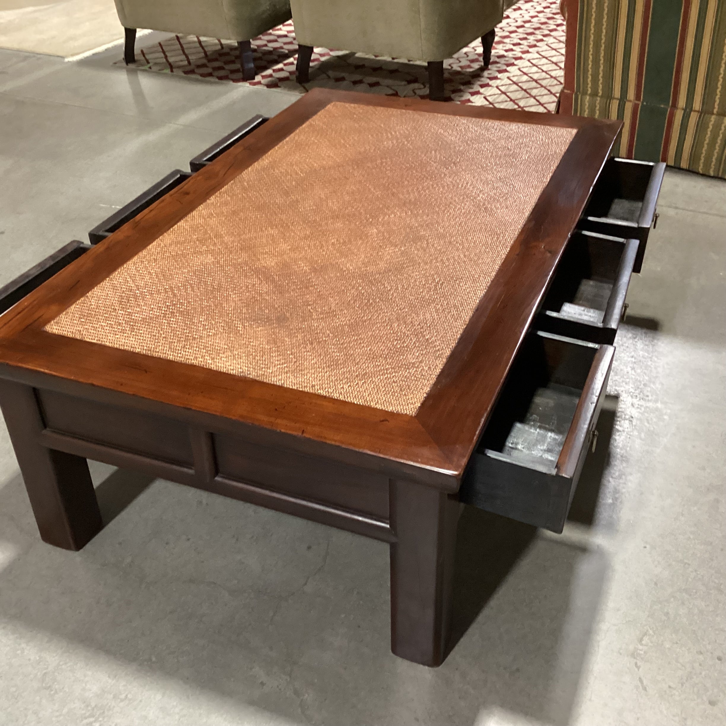 Distressed Finish Carved Wood & Wicker Raffia Woven Inset Top 6 Drawer Coffee Table 55"x 33.5"x 18"
