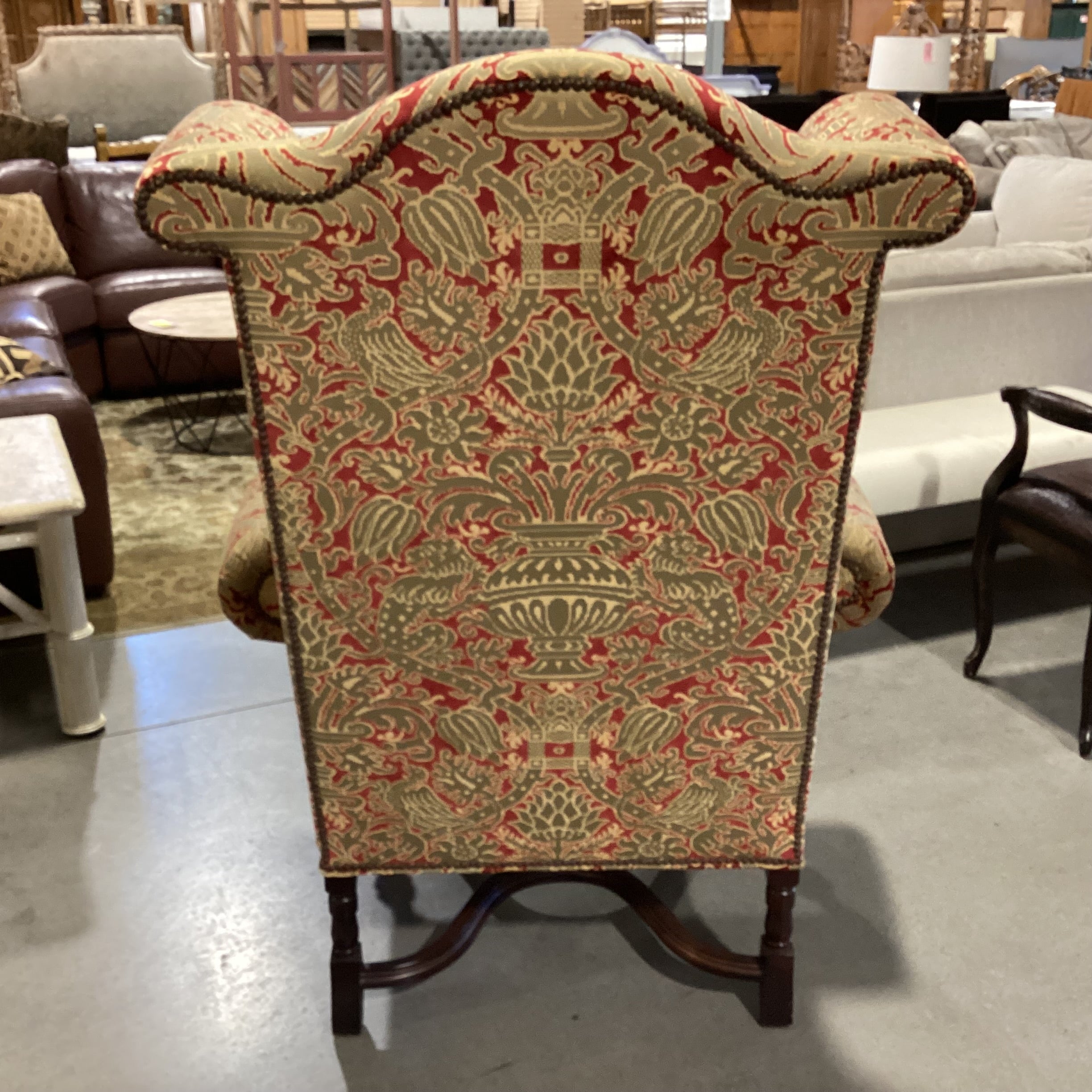 Lee Jofa Gold & Red Raised Design Nailhead Roll Arm & Wing with Carved Wood Base Chair 44"x 36"x 56"