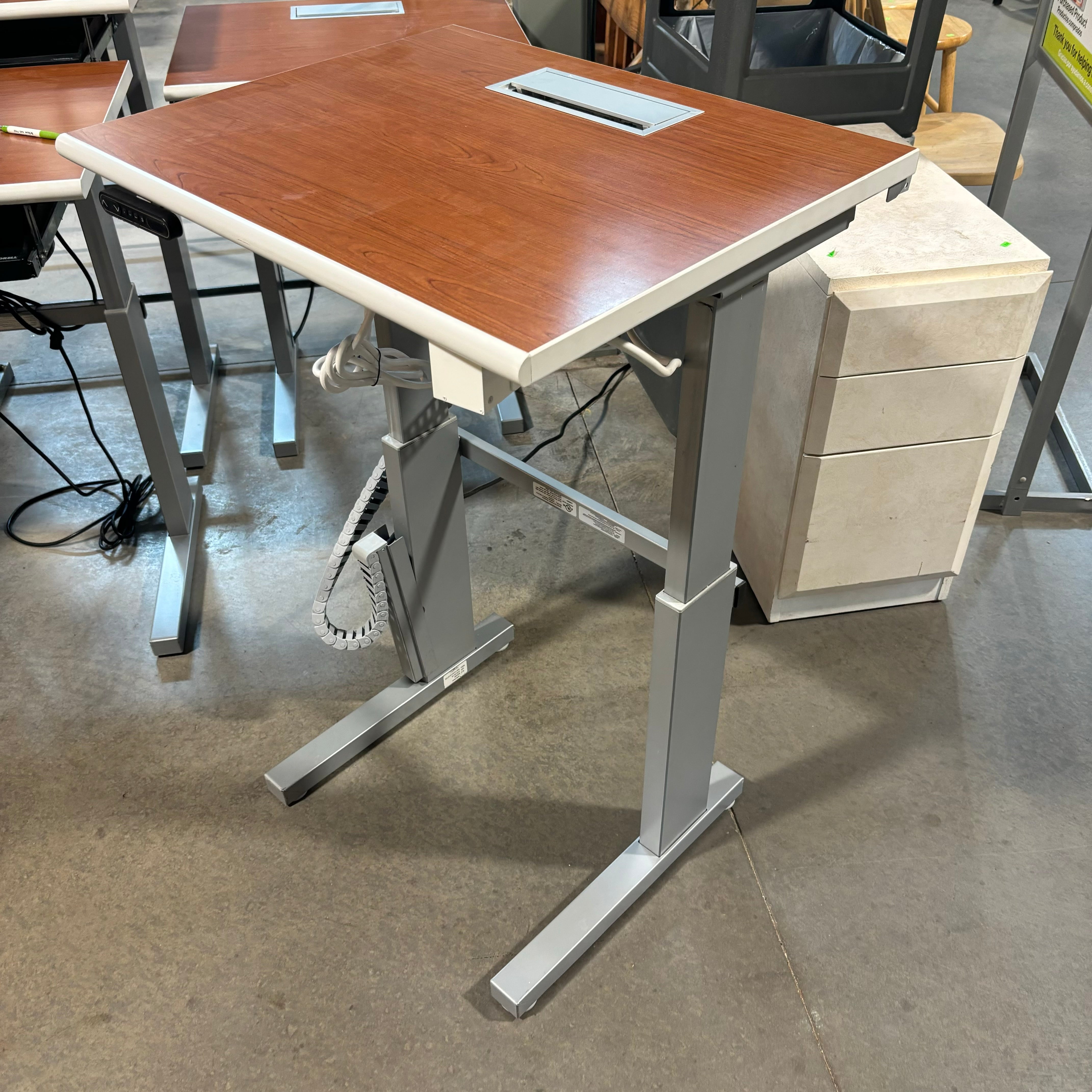 LINAK Dark Wood Veneer with Steel Base Adjustable Sit to Stand Desk 28"x 24"x 27" to 43"