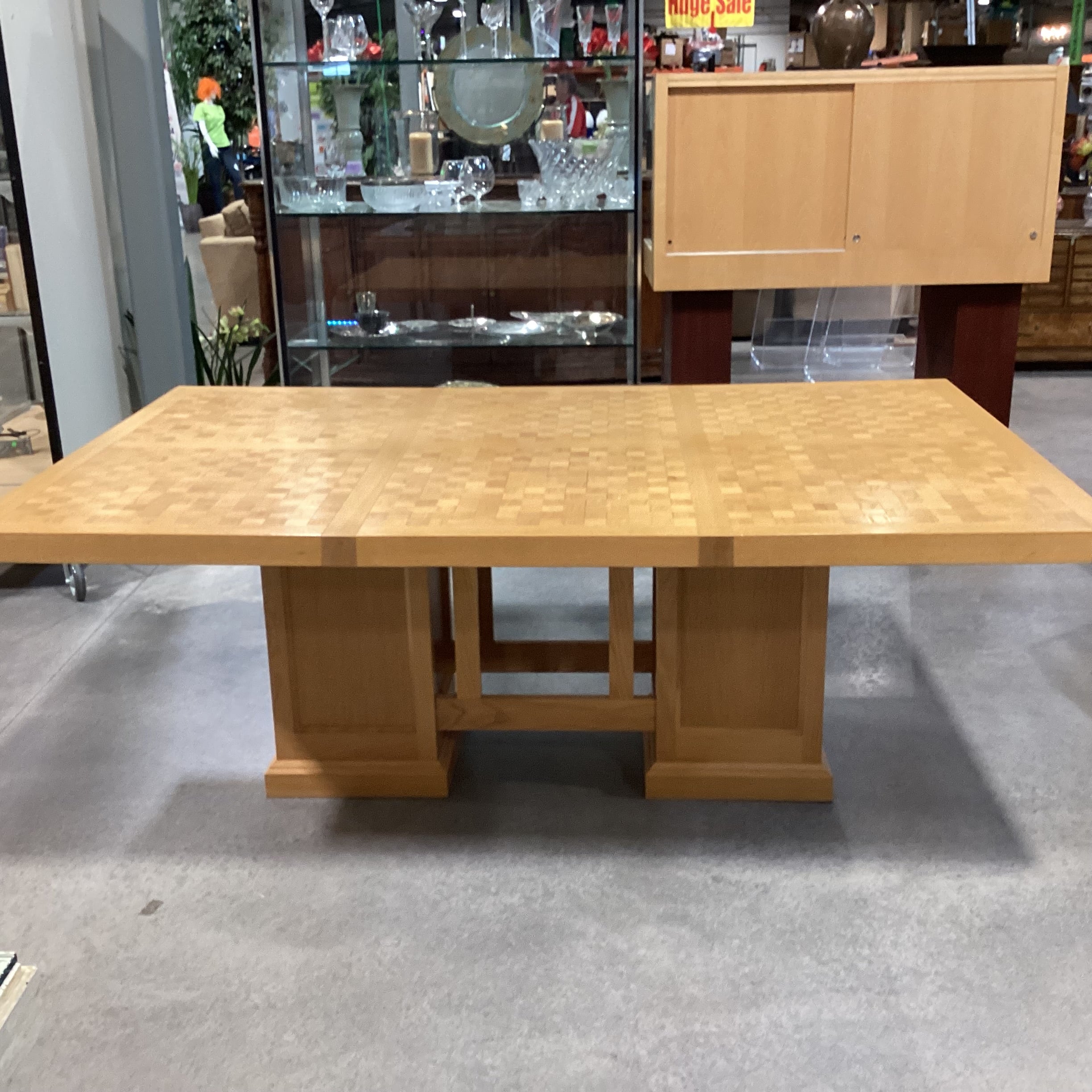 Frank Lloyd Wright Style Light Oak with Block Style Inset Dining Table 77.5"x 49.5"x 29.5"