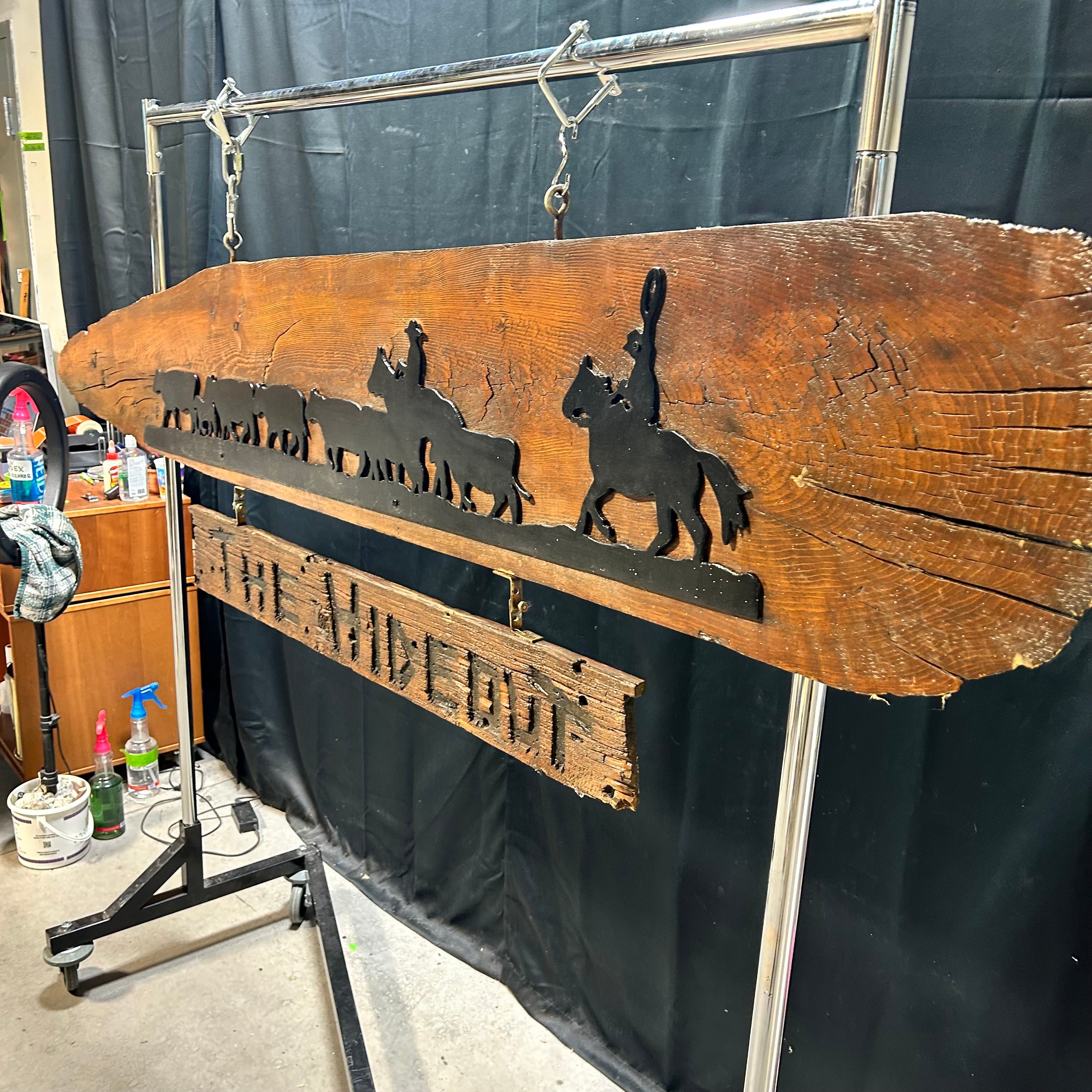 Large Western Decor Sign "THE HIDEOUT" With Iron Cattle Drive Silhouette 89"x 23"
