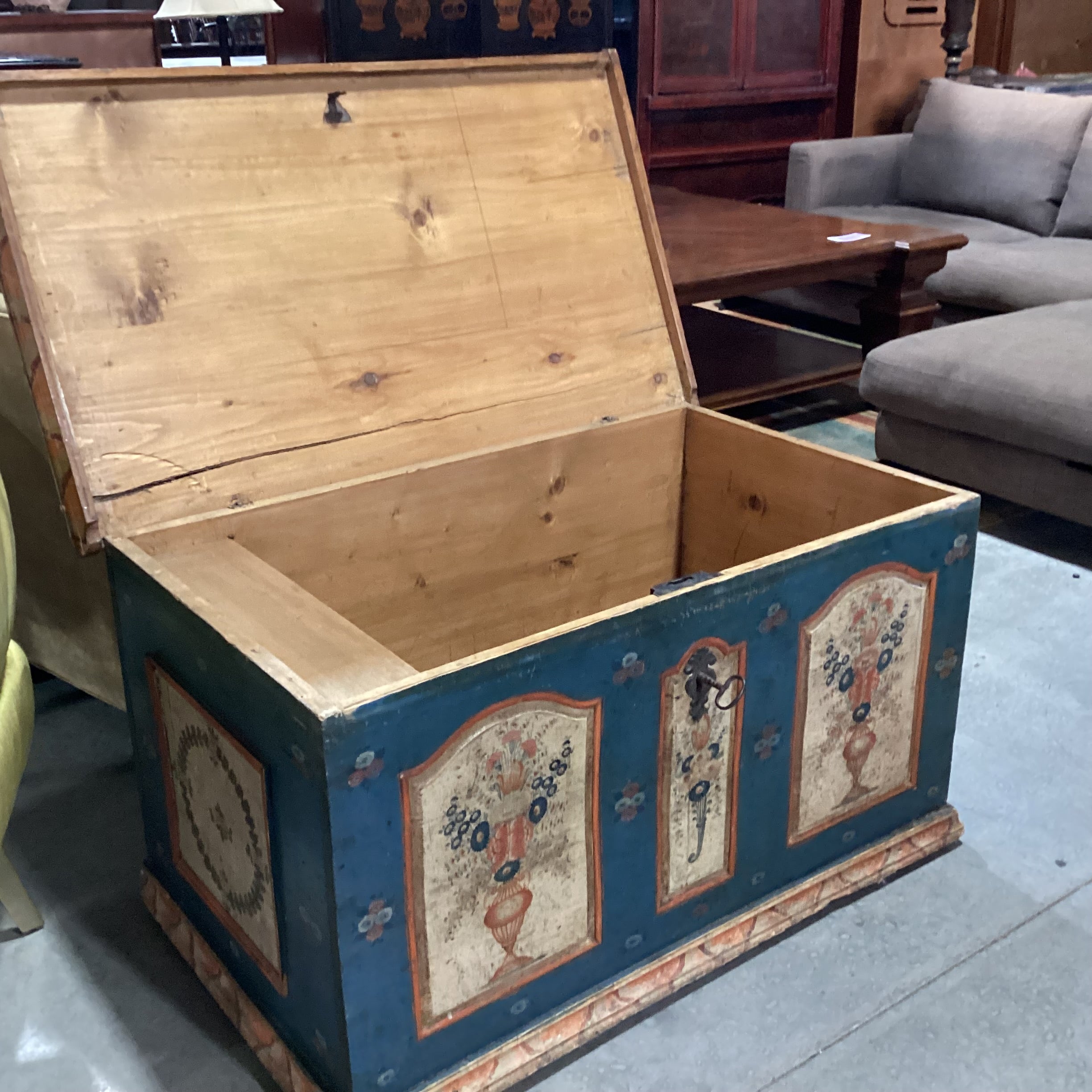 Antique Carved Wood with Hand Painted Floral Panels Trunk 42"x 25"x 23.5"