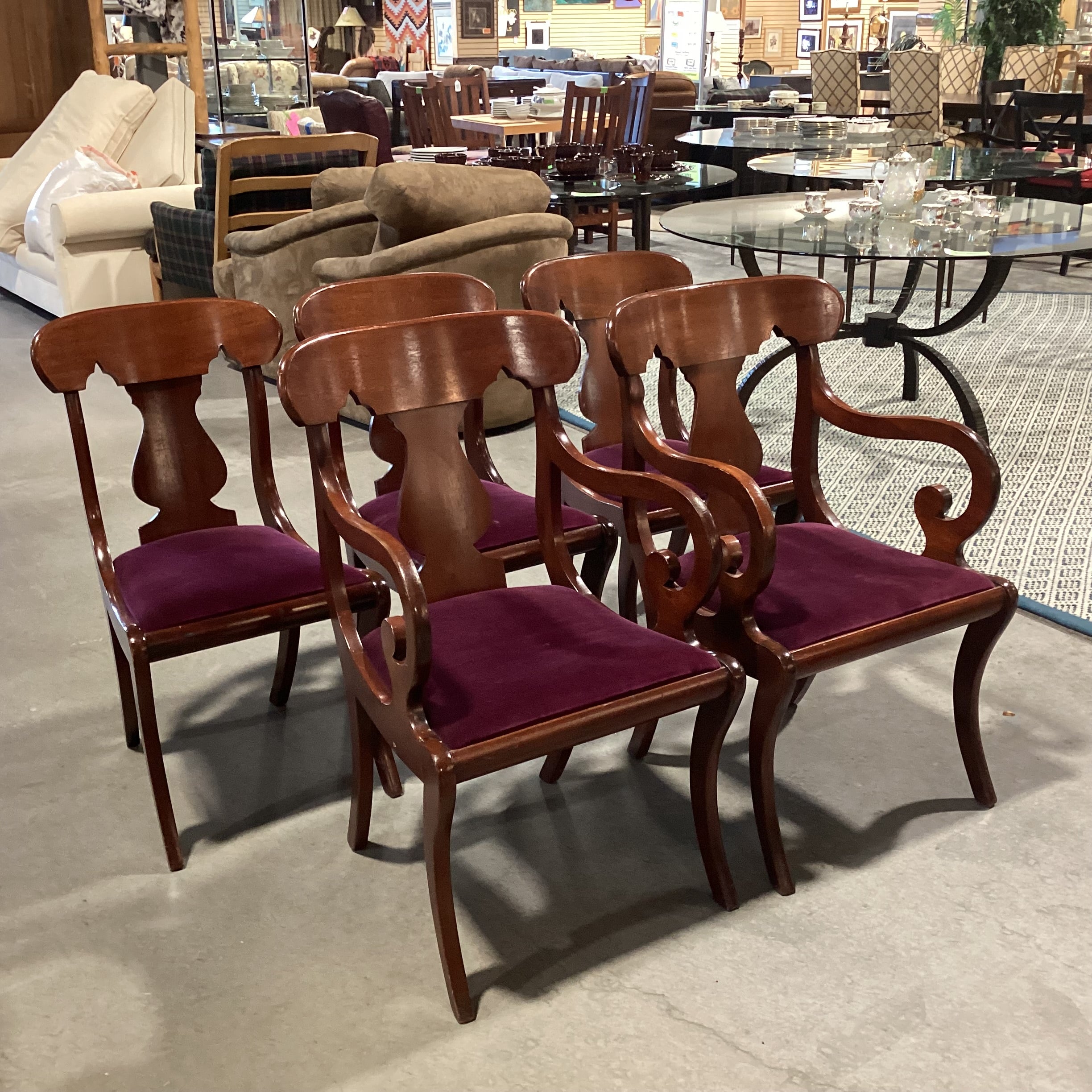 SET of 5 Vintage Scroll Arm & Eggplant Velvet Dining Chairs 21"x 21"x 36"