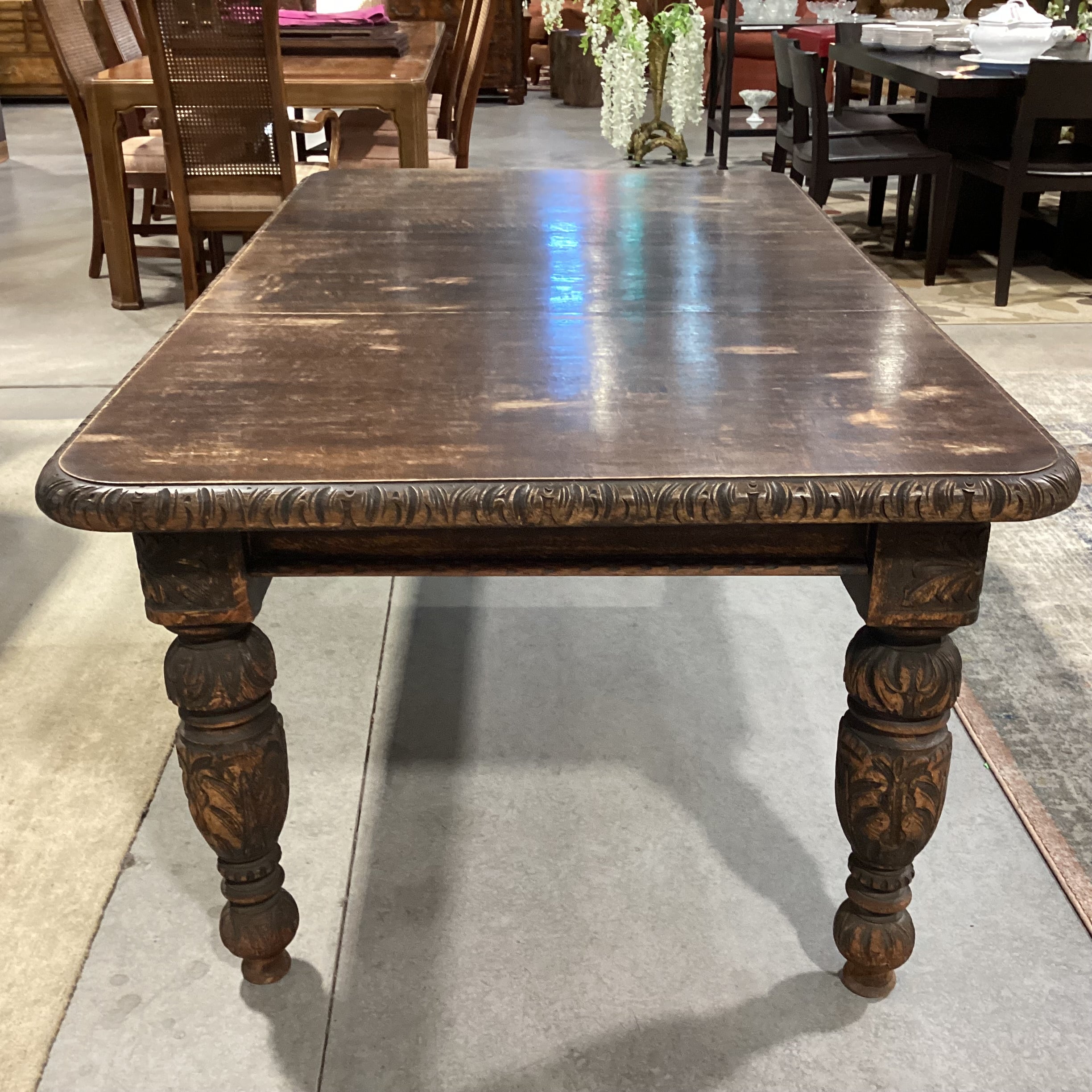 Antique Dark Finish Carved Oak with 1 Leaf Dining Table 70"x 42"x 28"