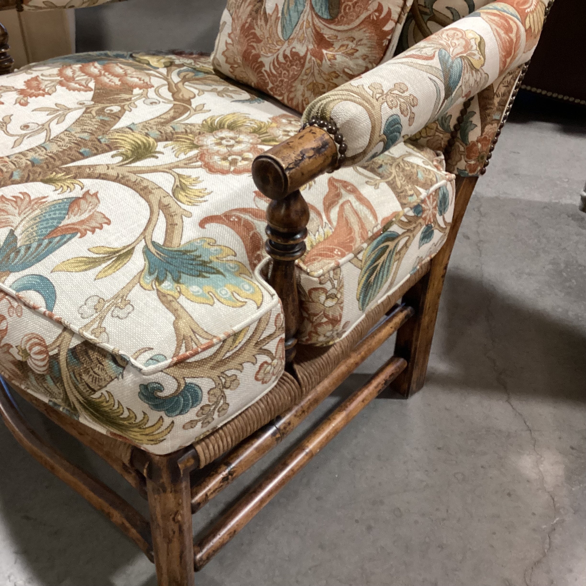 Carved Wood Rush Seat & Floral Belgian Linen Nailhead Chair 32"x 32"x 40"