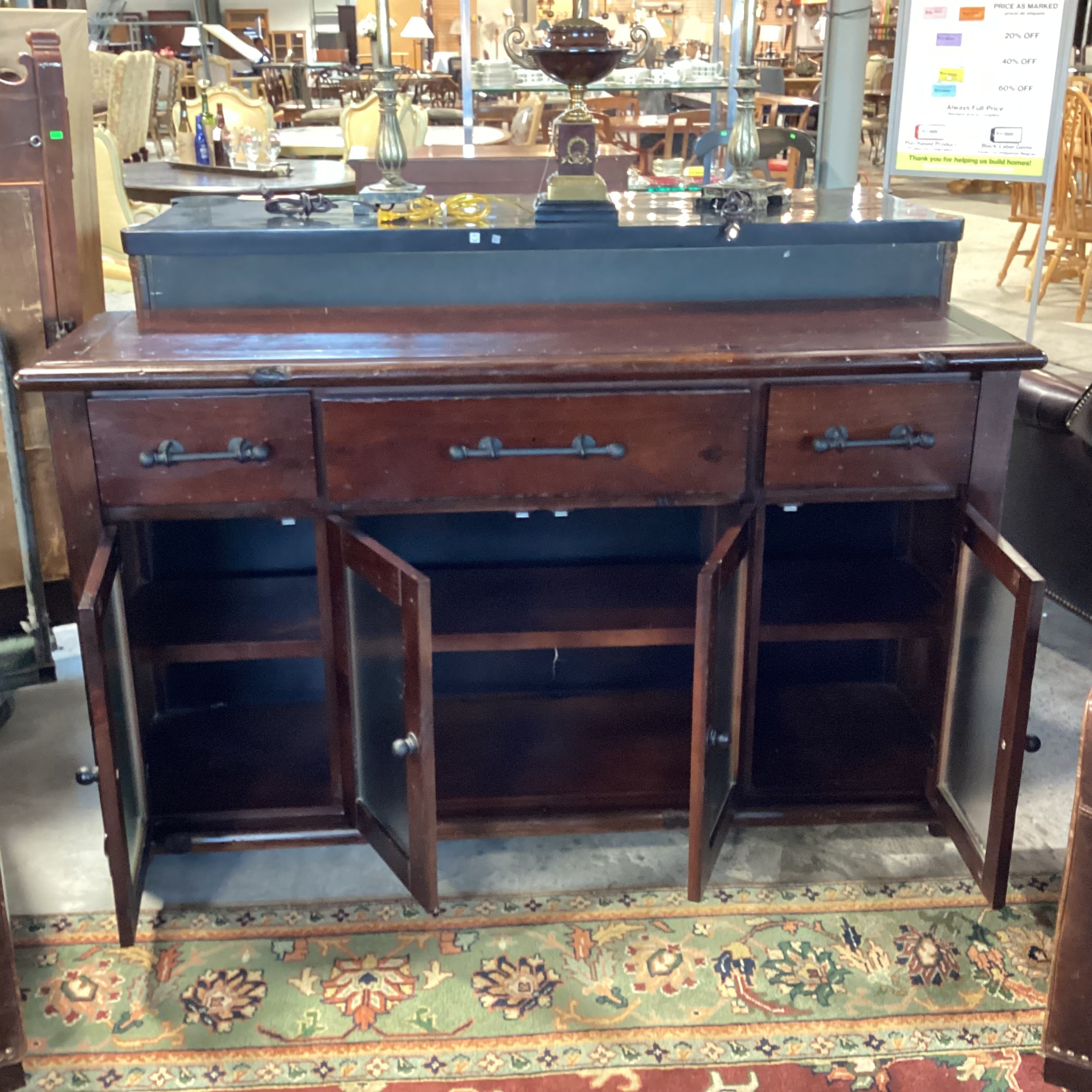 Dark Distressed Wood 4 Door 3 Drawer Rustic Console Credenza 61"x 17.5"x 35"