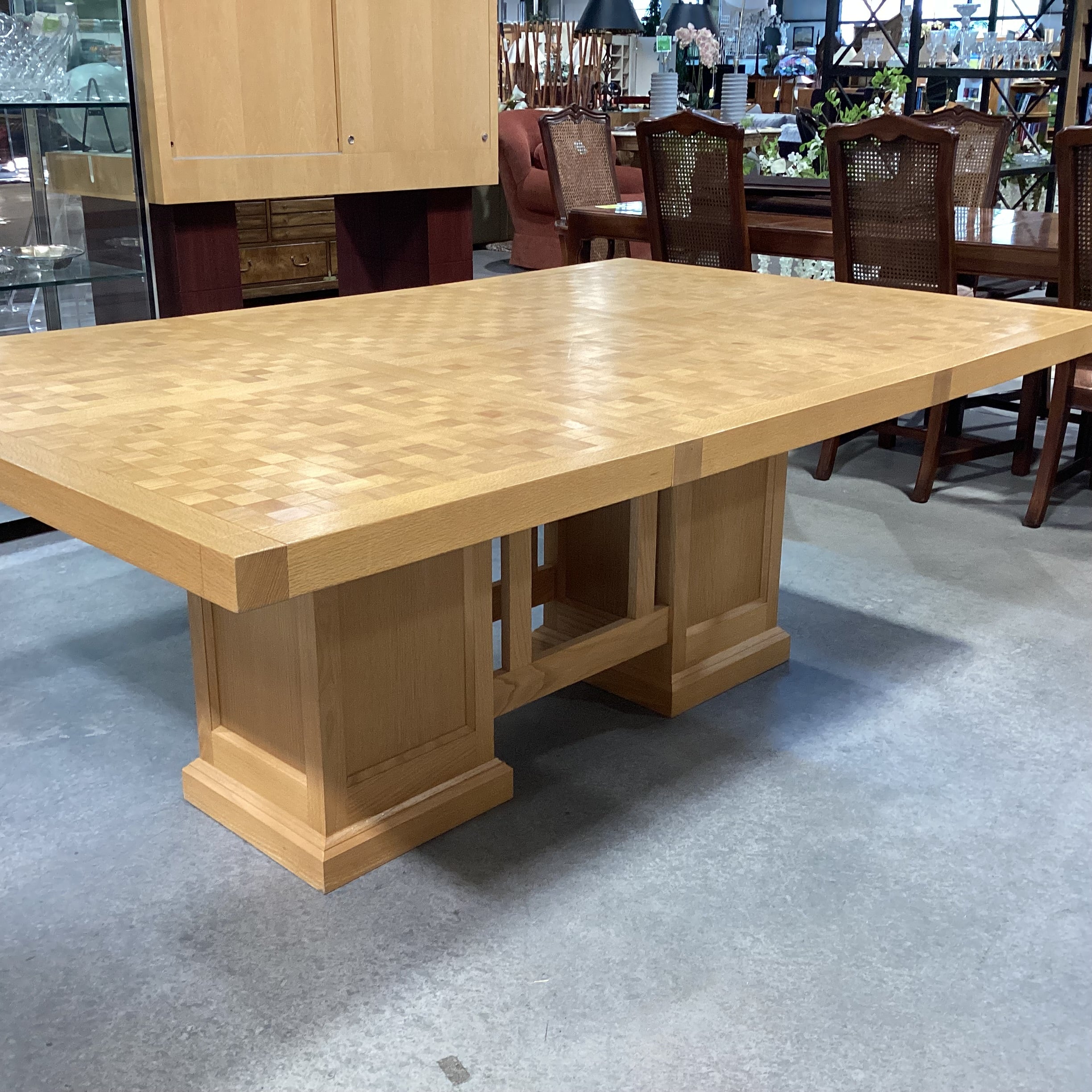 Frank Lloyd Wright Style Light Oak with Block Style Inset Dining Table 77.5"x 49.5"x 29.5"