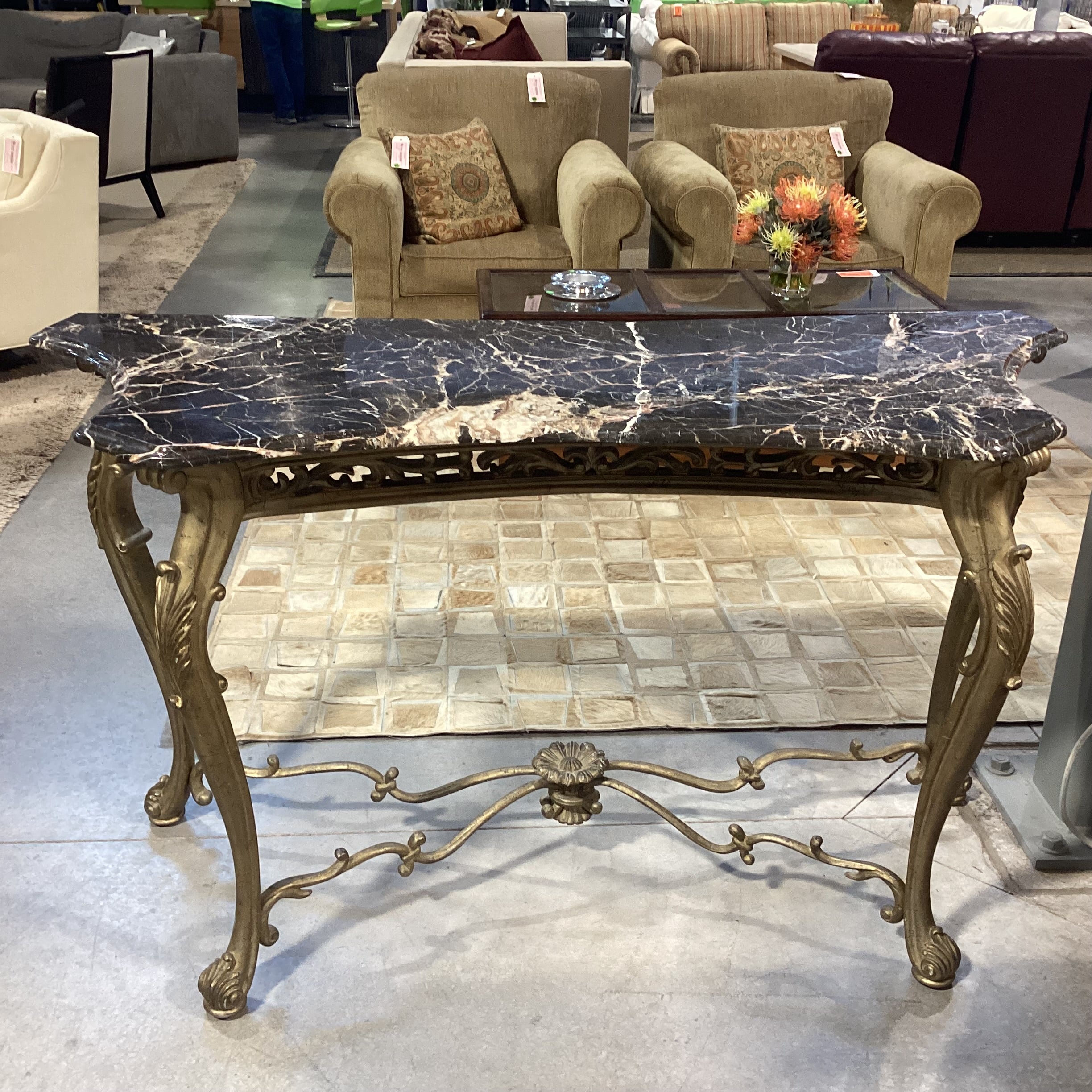 Gilt Gold Carved Wood Style Composite & Marble Top Accent Table 60"x 23"x 34.5"