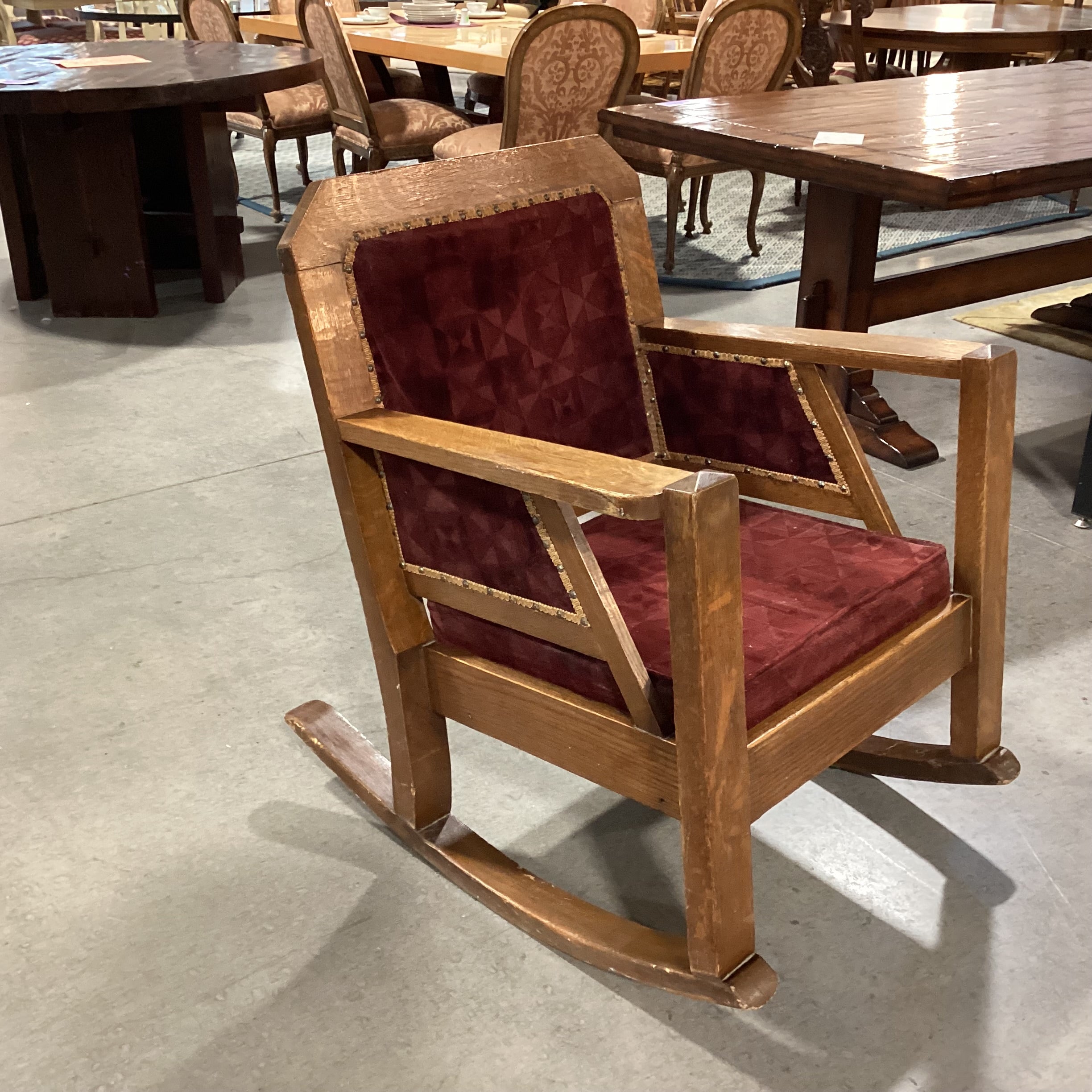 Antique Oak and Burgundy Velvet Nailhead Rocking Chair 29”x 36”x 37”