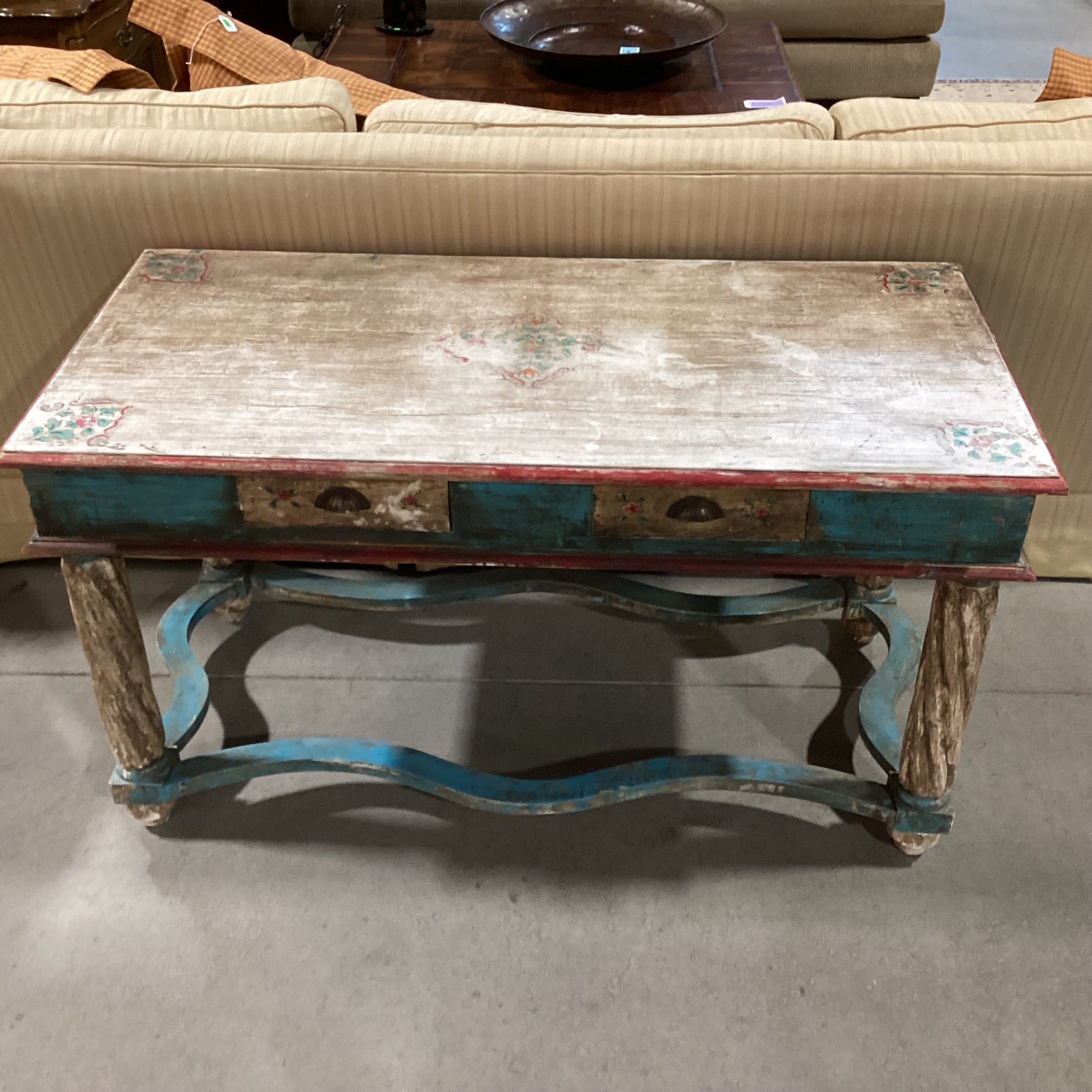 Antiqued Finish Hand Painted Blue & Red Floral Carved Wood 2 Drawer Accent Table 58.5"x 28.5"x 32"