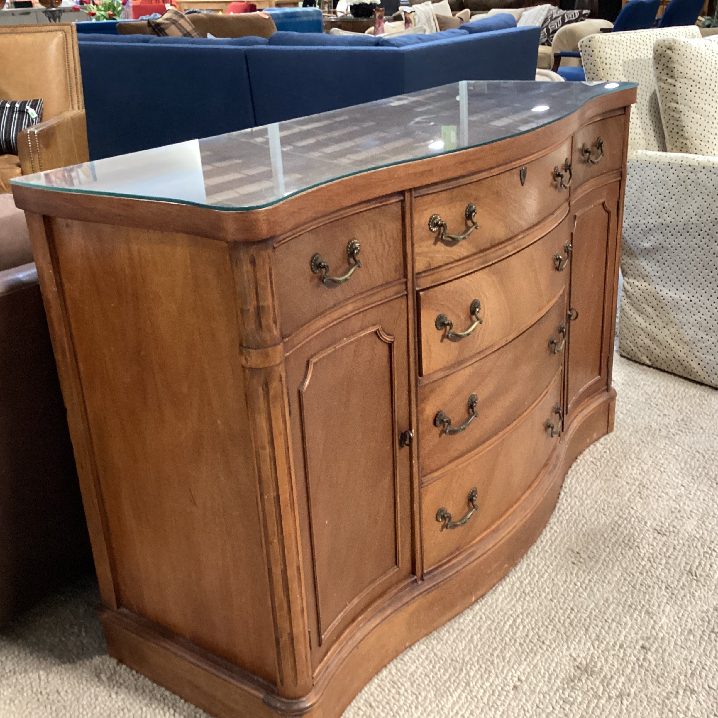 Antique Carved Wood with Molding Detail & Glass Top 2 Door 6 Drawer Sideboard 54"x 21"x 36"