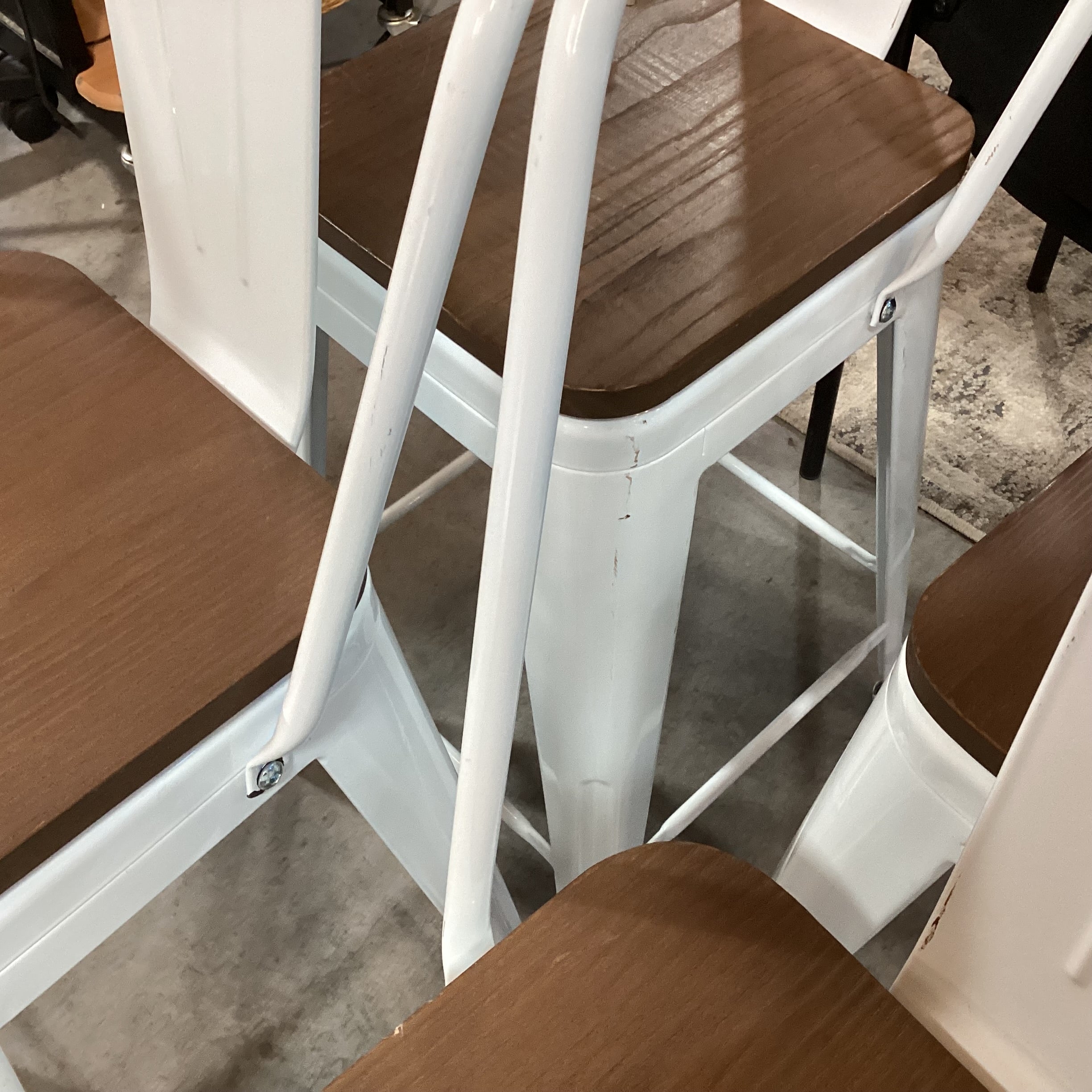 SET of 4 Industrial White Metal & Wood Seat Barstools 25"