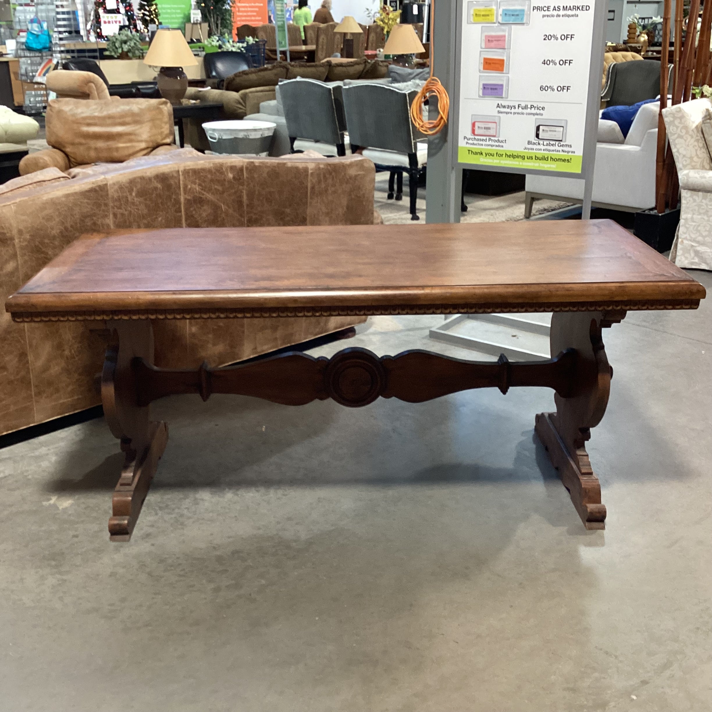 Distressed Finish Carved Wood with Dental Detail& Trestle Accent Table 70.5"x 30"x 30"