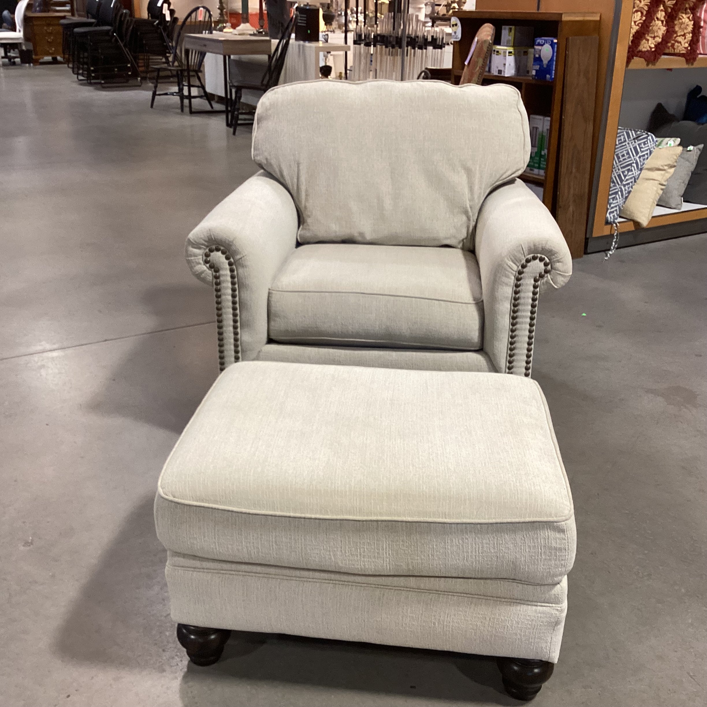 Ashley Furniture Cream Woven Nailhead with Ottoman Chair 41"x 38"x 38"