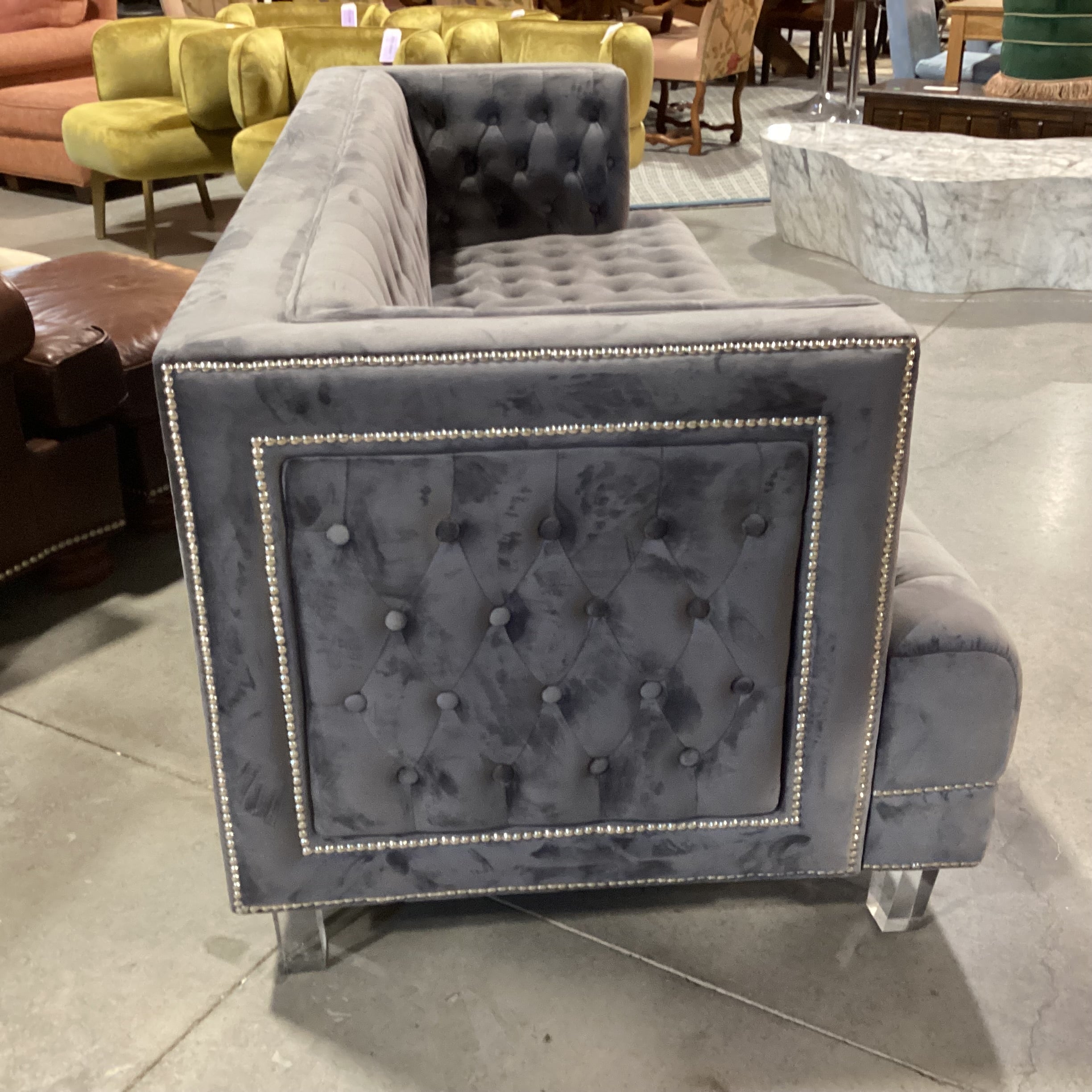 Grey Button Tufted Velvet with Nailhead & Acrylic Feet Sofa 88"x 36"x 31"