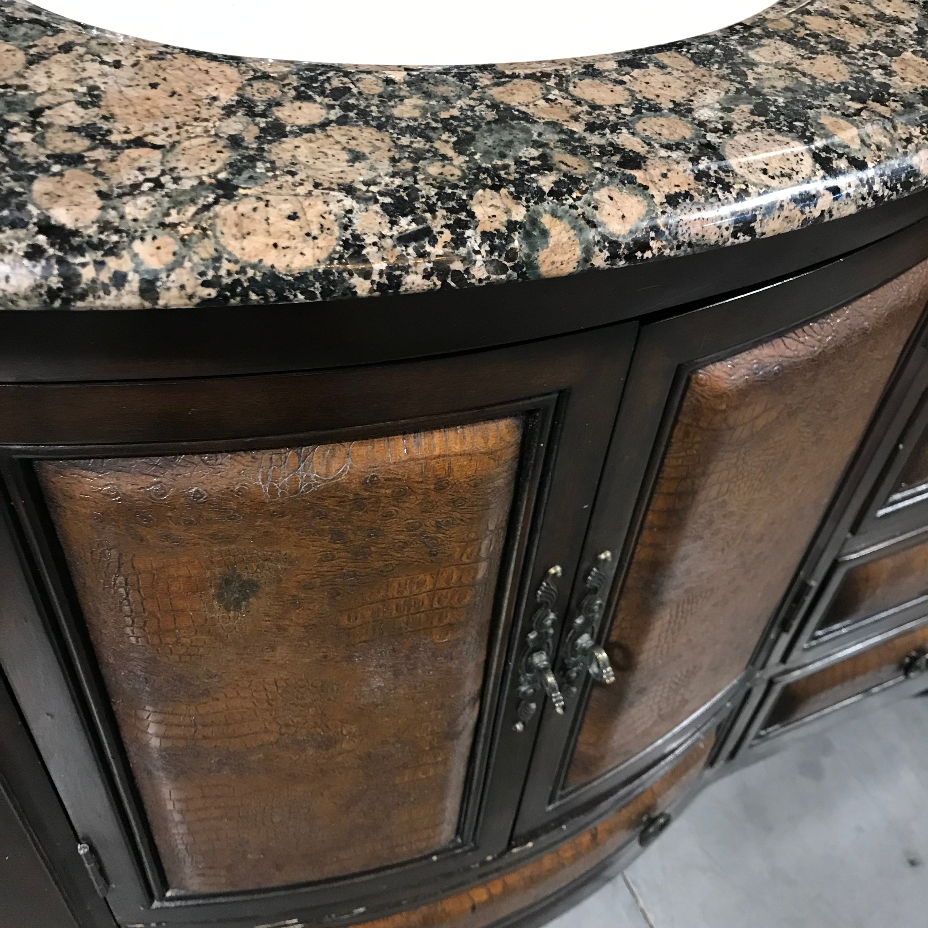 67"w x 22"d x 36"h Vintage Furniture Style 7 Drawer-2 cuboard leather insert Cabinet Brown Granite Ogee Edge detail, 2 oval Sinks Chrome Fixtures Vanity