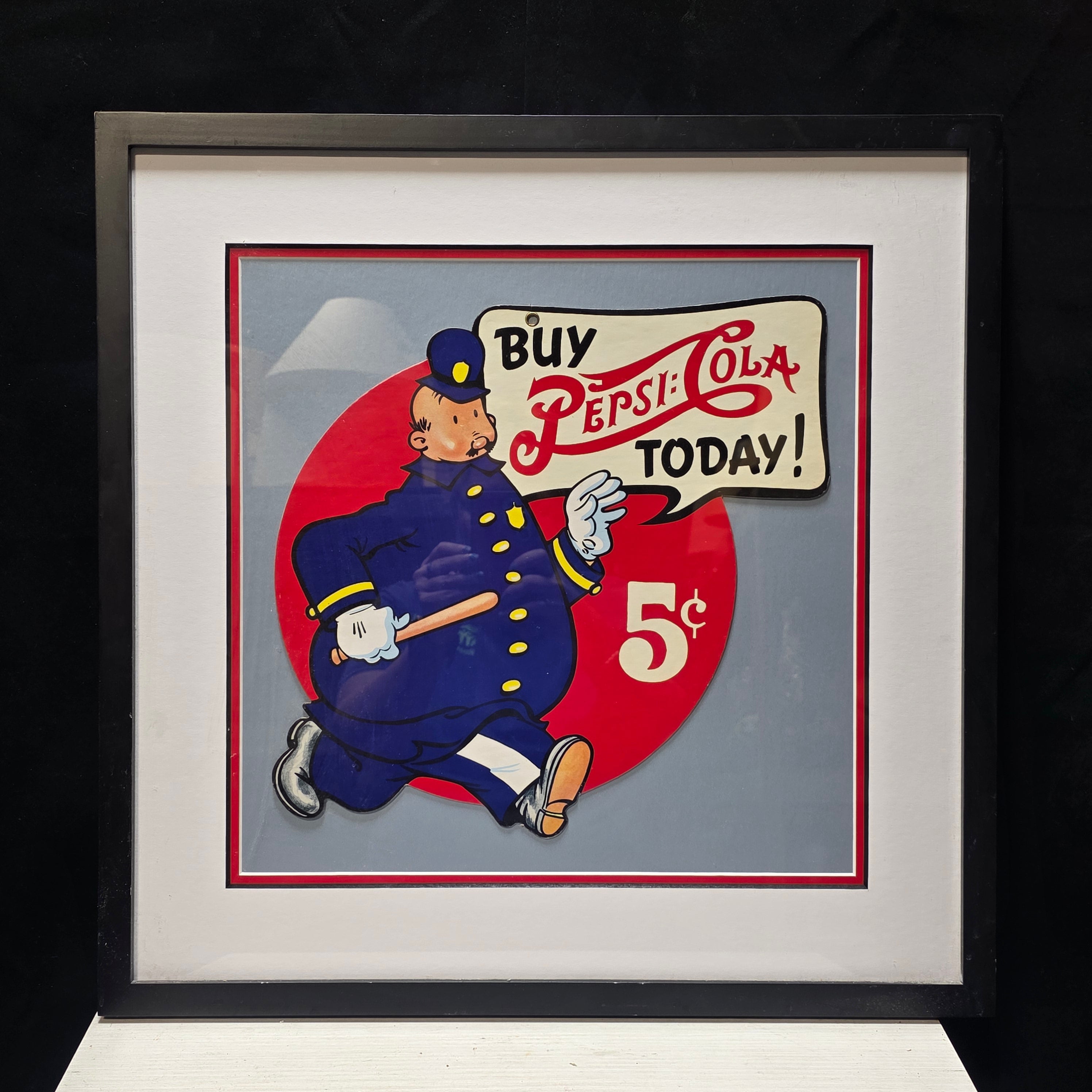 Framed Vintage Pepsi Cola 5 Cent Cardboard Double Sided 21"x21"
