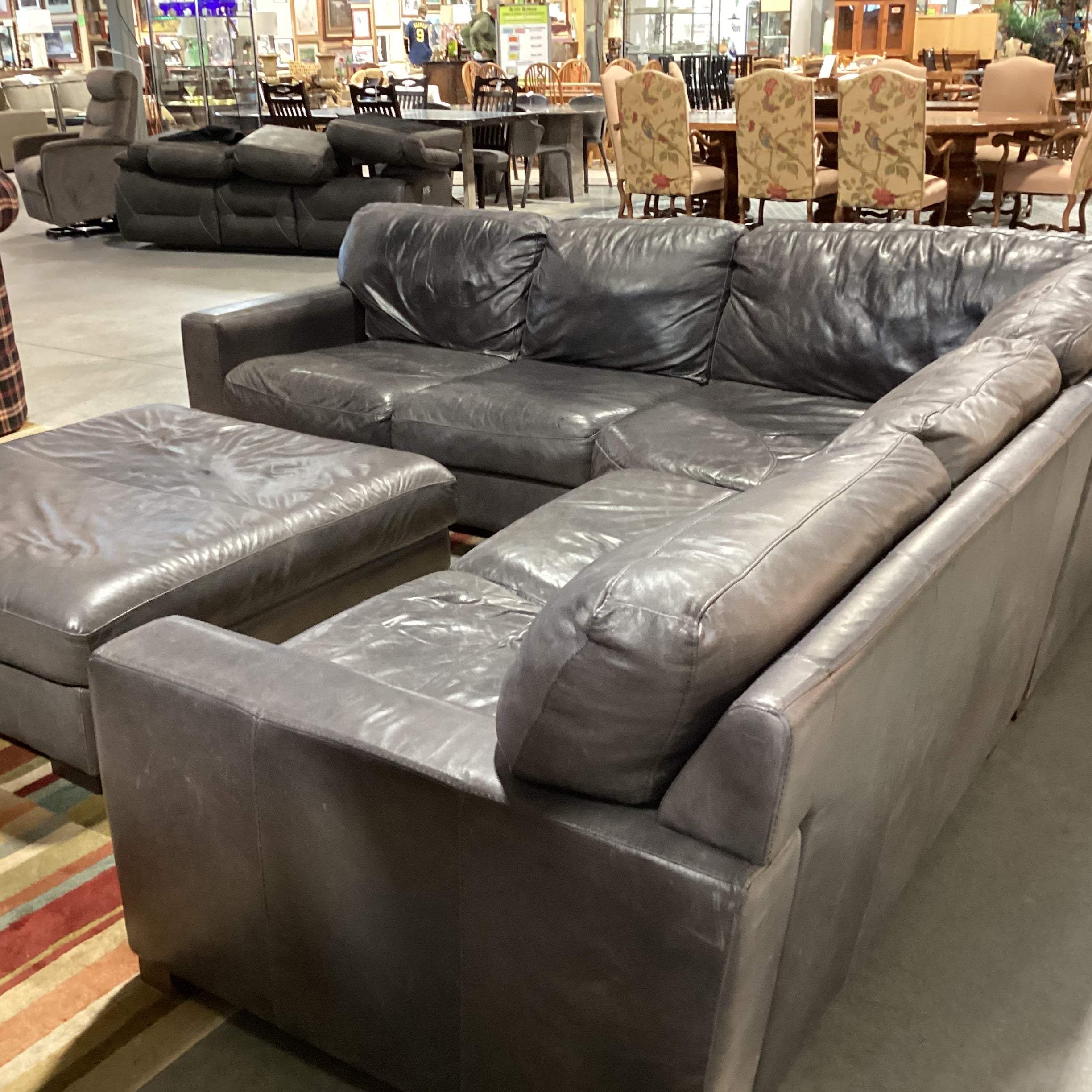 Softline Made in Italy Grey Distressed Leather 4 Piece with Ottoman Sectional 111"x 111"x 42"x 33"