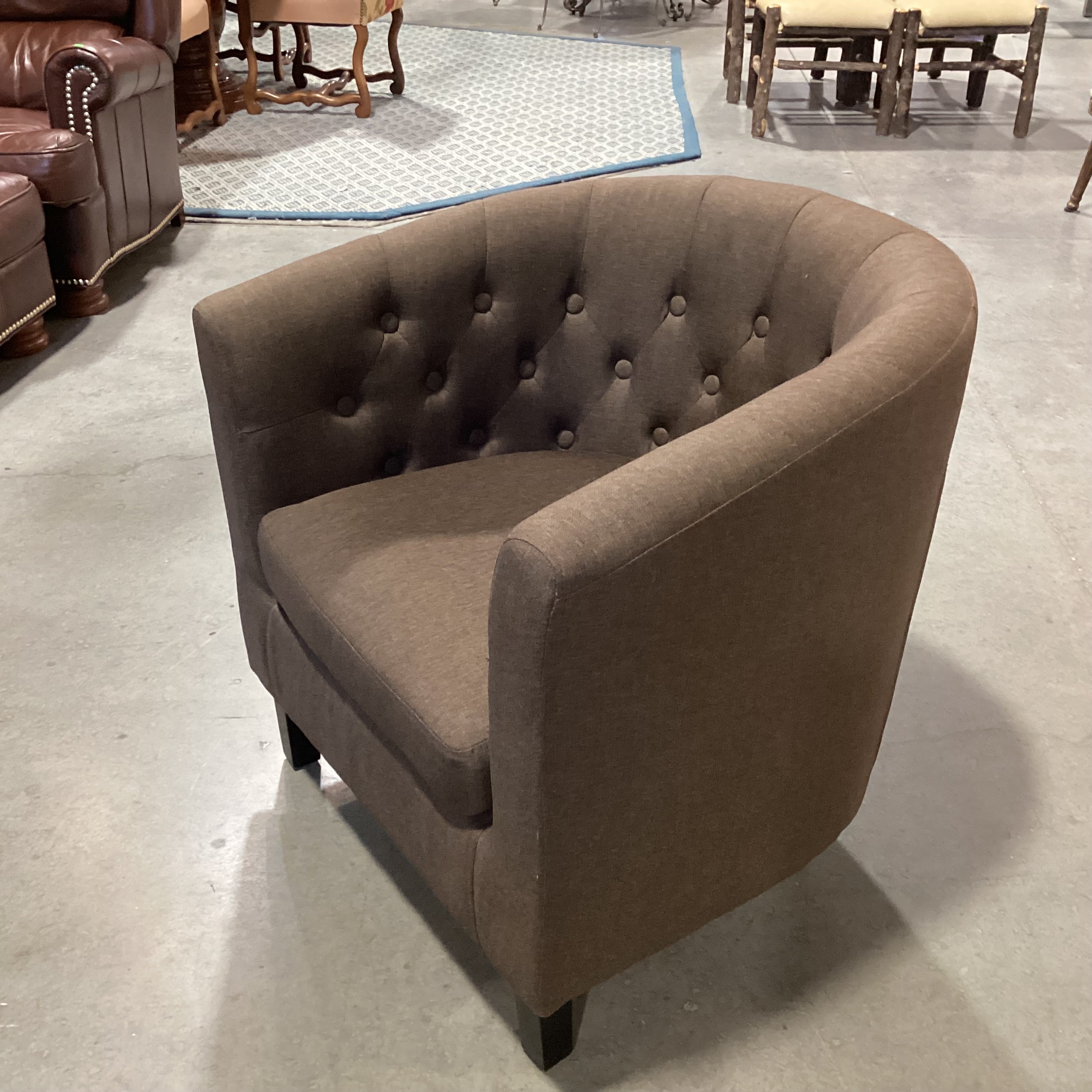 Brown Linen Button Tufted Barrel Chair 30"x 28"x 30"
