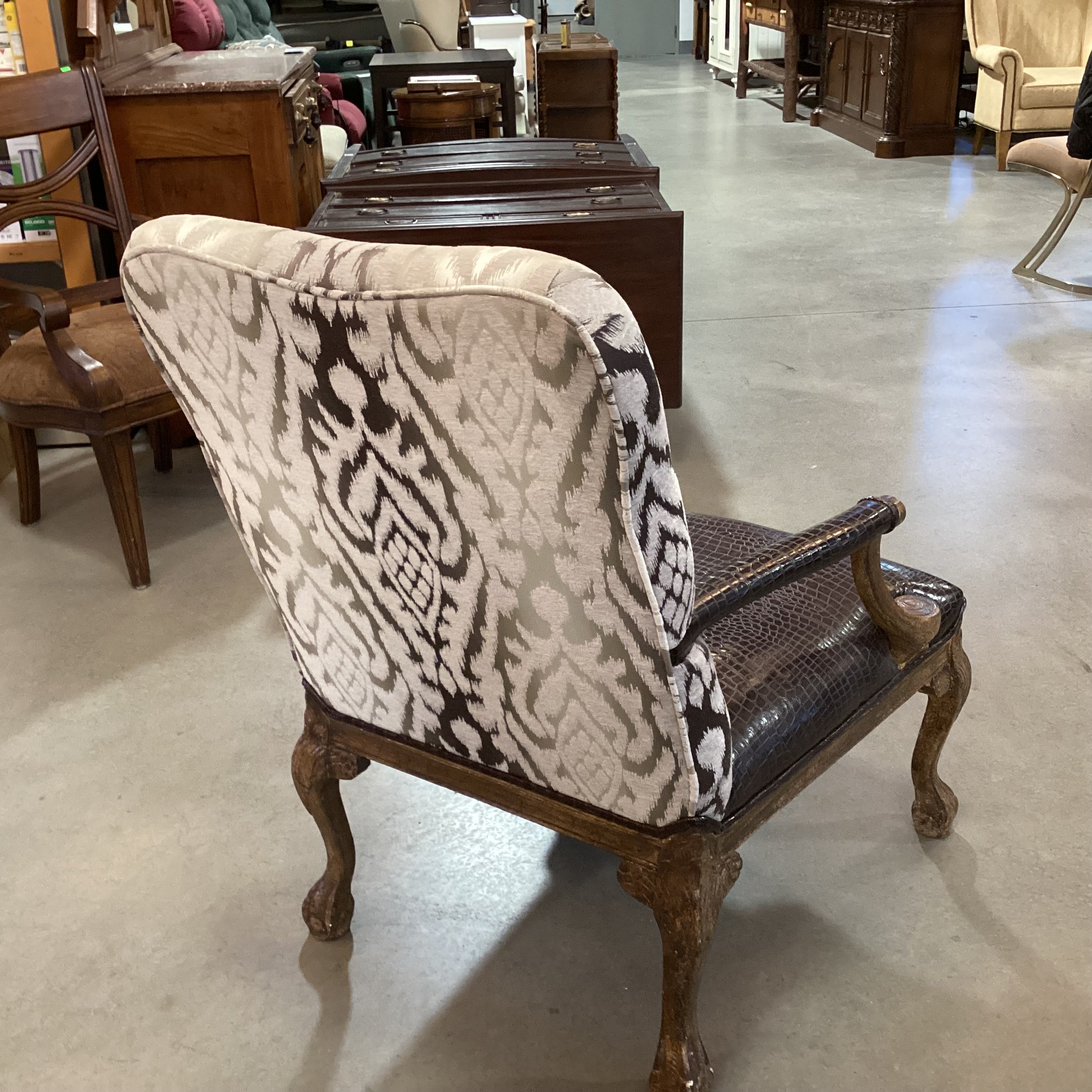 ARA Collection Croc Style Leather Raised Ivory Velvet & Brown Metallic Woven with Crackle Finish Claw & Ball Carved Wood Chair 29"x 32"x 39"