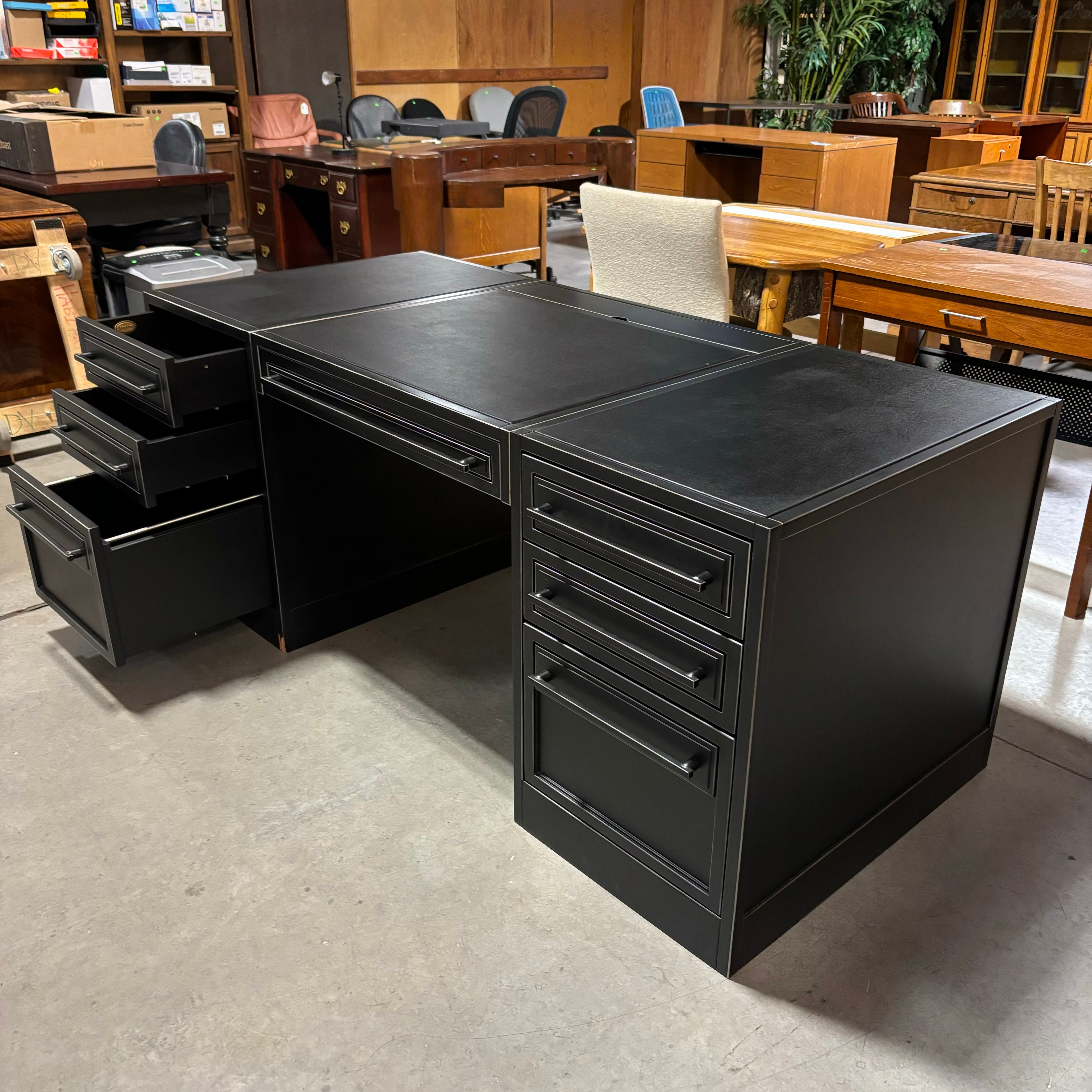 Arhaus Usine Black Finish Wood with Leather Top 6 Soft Close Drawers & Center Pullout Executive Desk 72"x 34"x 30"