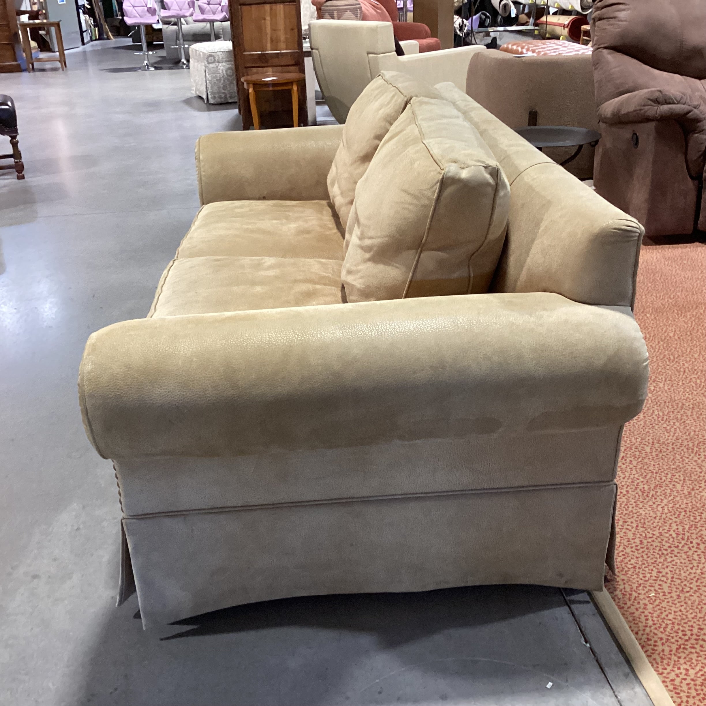 Golden Tan Leather Roll Arm Nailhead Sofa 86"x 40"x 32"