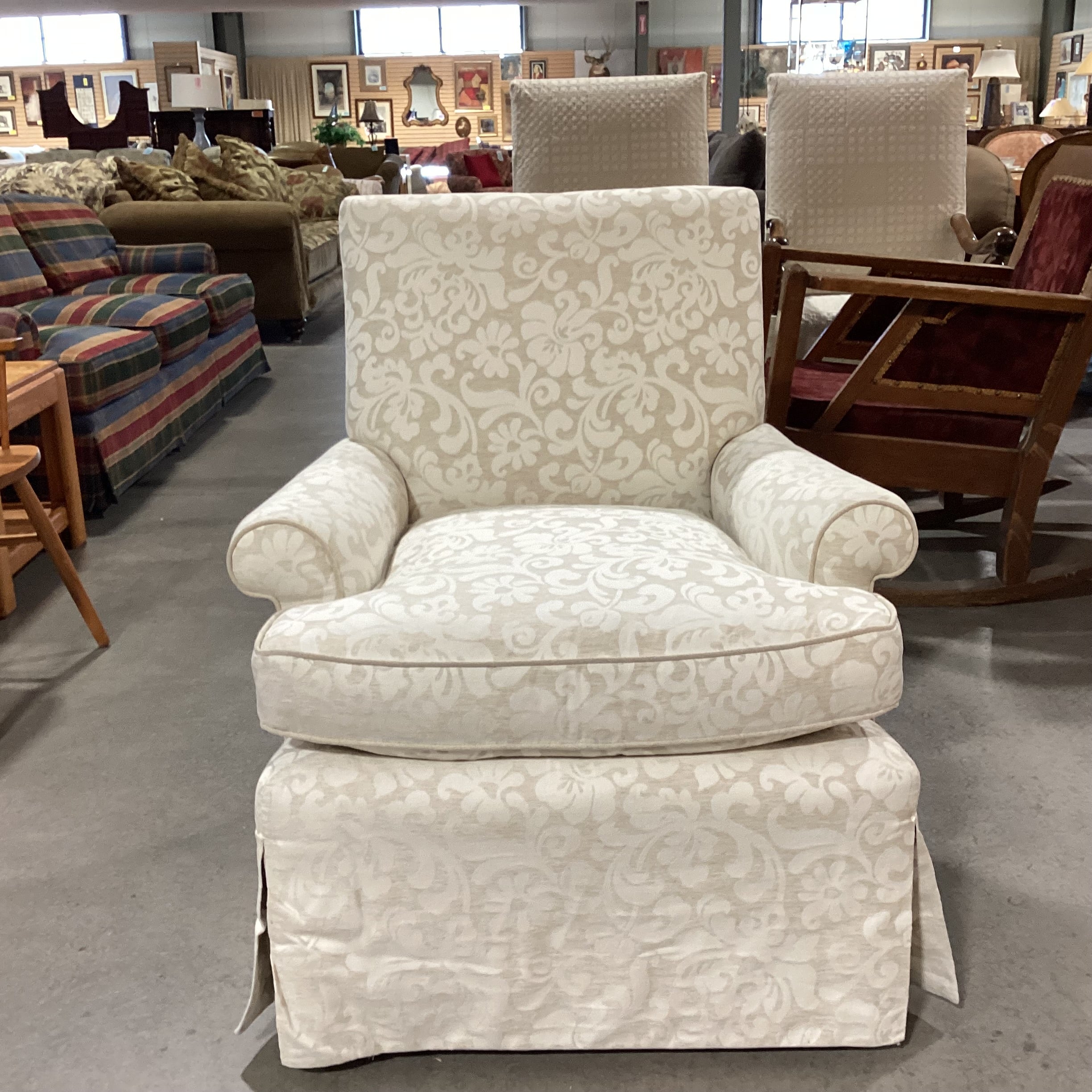 Custom Ivory Cream Linen Raised Scroll Floral Chair 32"x 34"x 35"