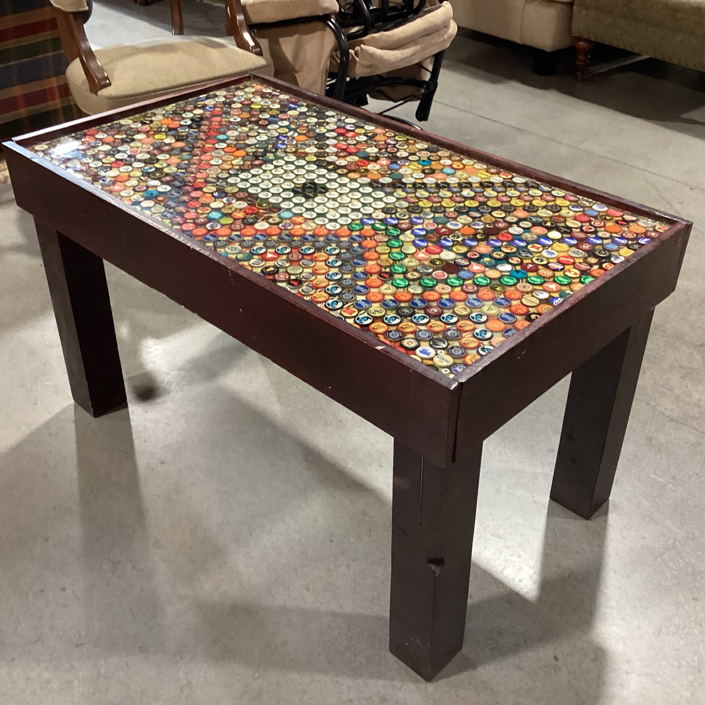 Handmade Wood & Bottle Top Design Accent Table 44.5"x 25.5"