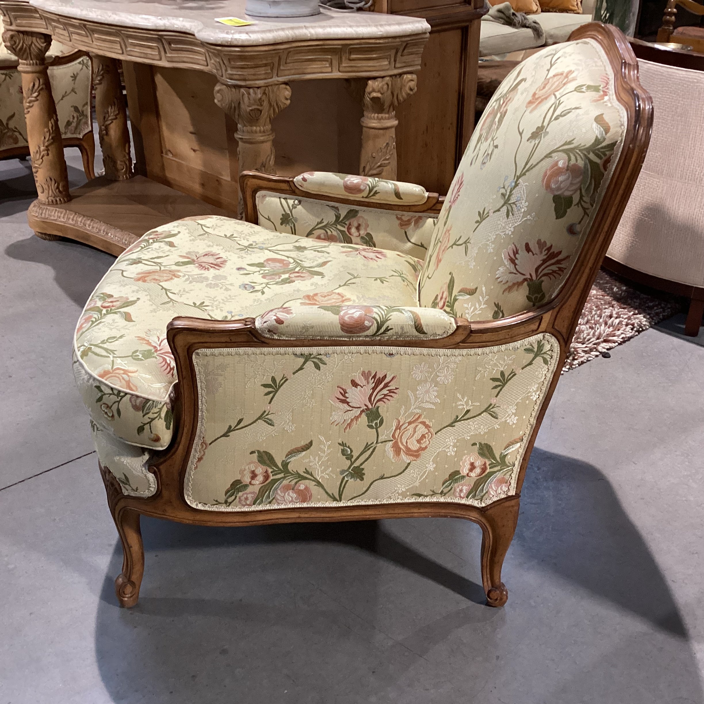 French Provincial Style Carved Wood with Yellow Floral Upholstery Chair 33"x 34"x 37.5"