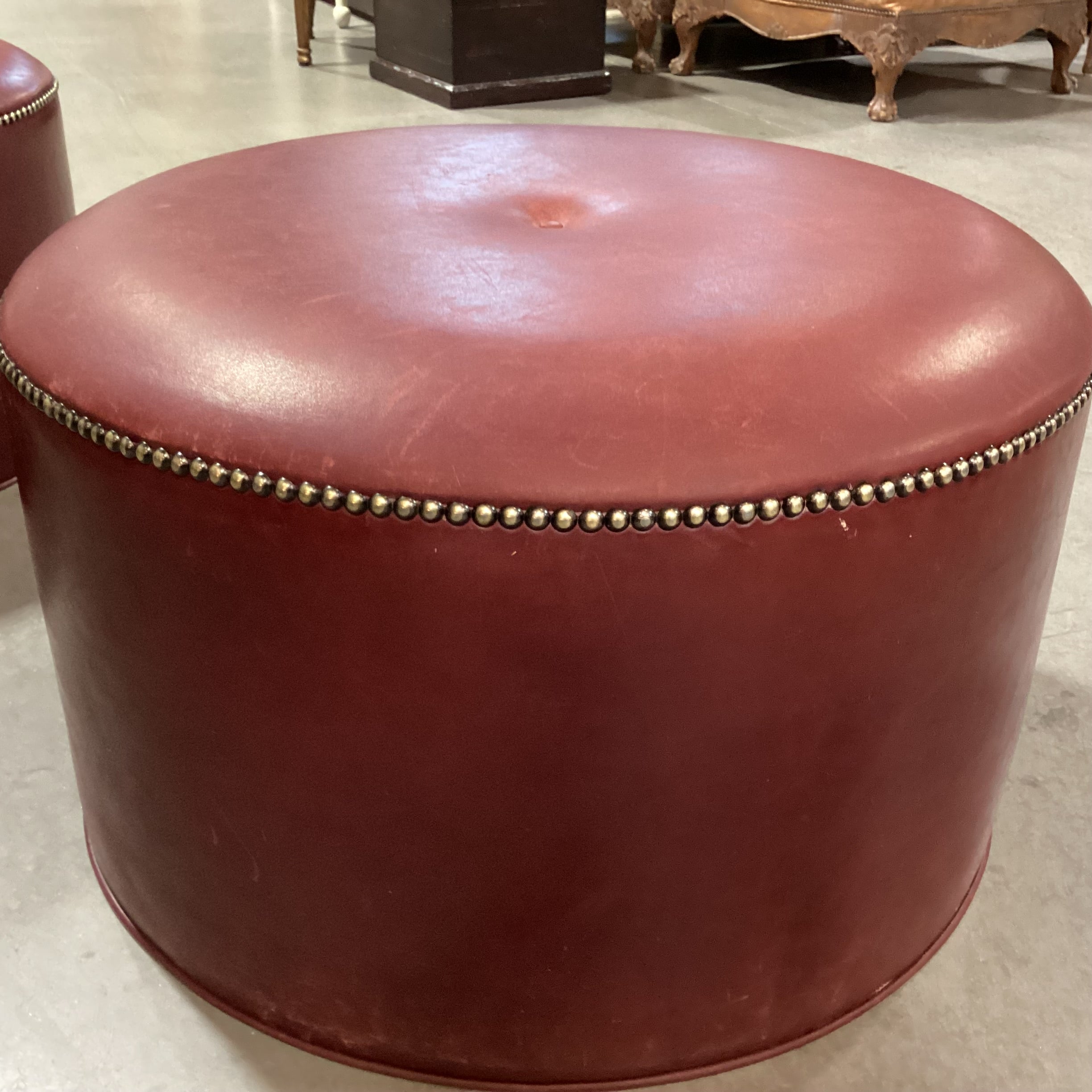 Stewart Furniture Design Red Tone Leather Nailhead Round Ottoman 27" Diameter x 16"
