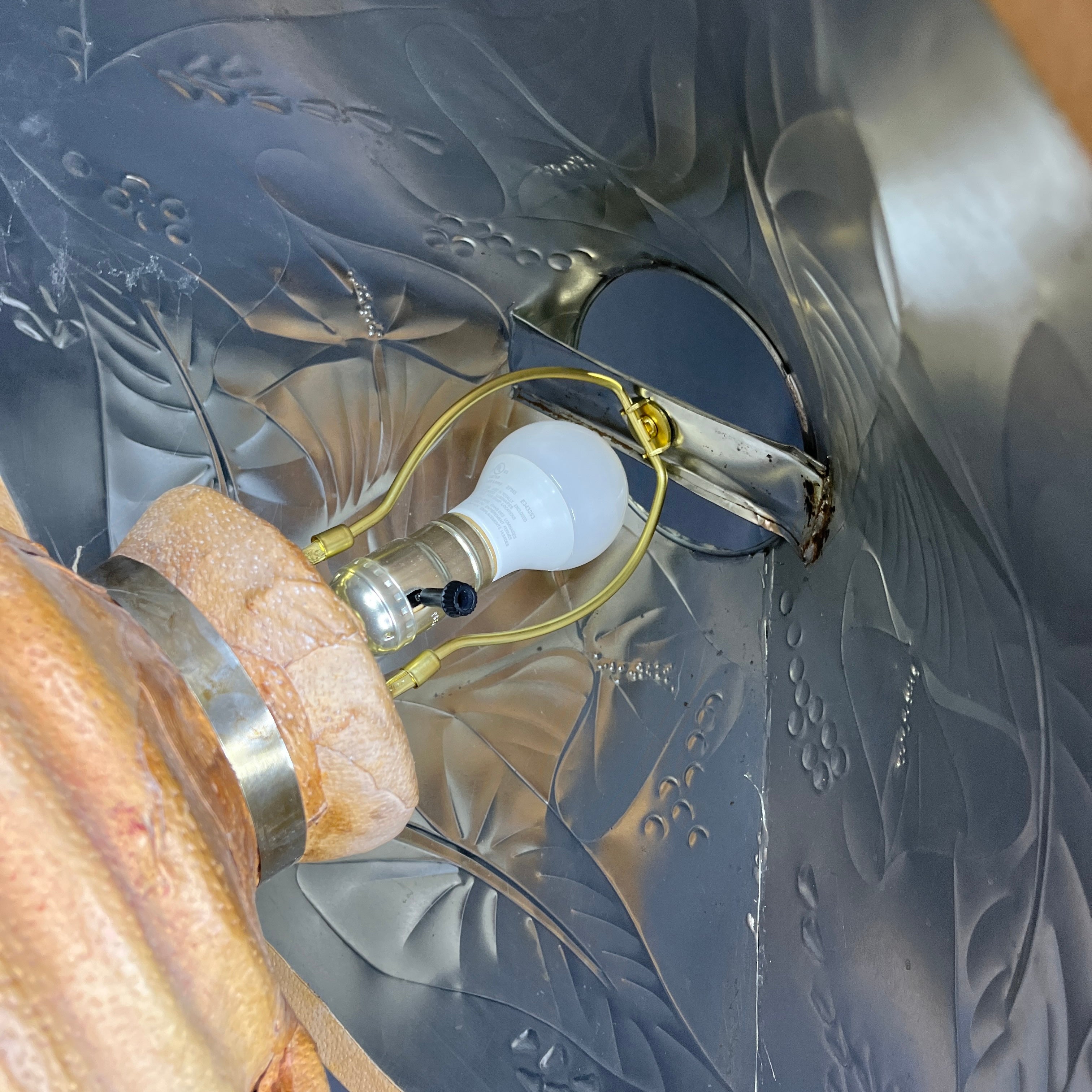 Vintage Embossed Metal and Leather Wrapped with Shade Table Lamp 24” Diameter @ Shade x 36”