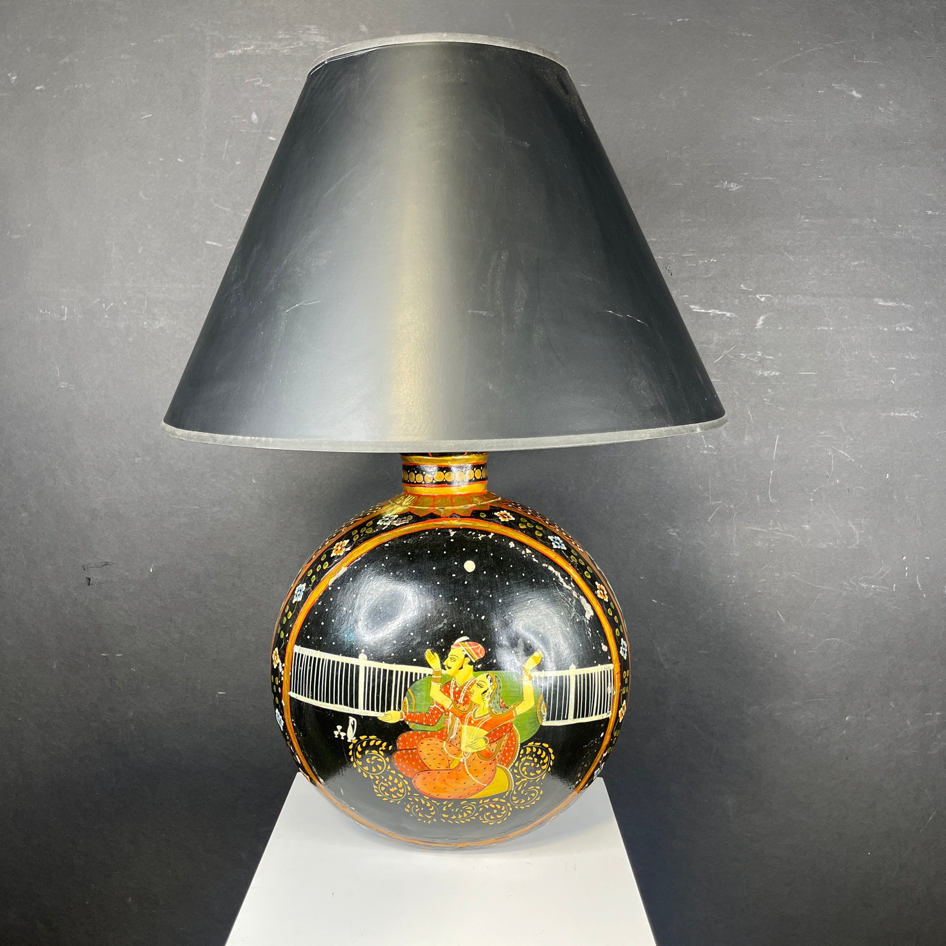 Vintage Double Sided Hand Painted Black and Gold Lovers Metal Vase with Shade Table Lamp 18” Diameter @ Shade x 25”