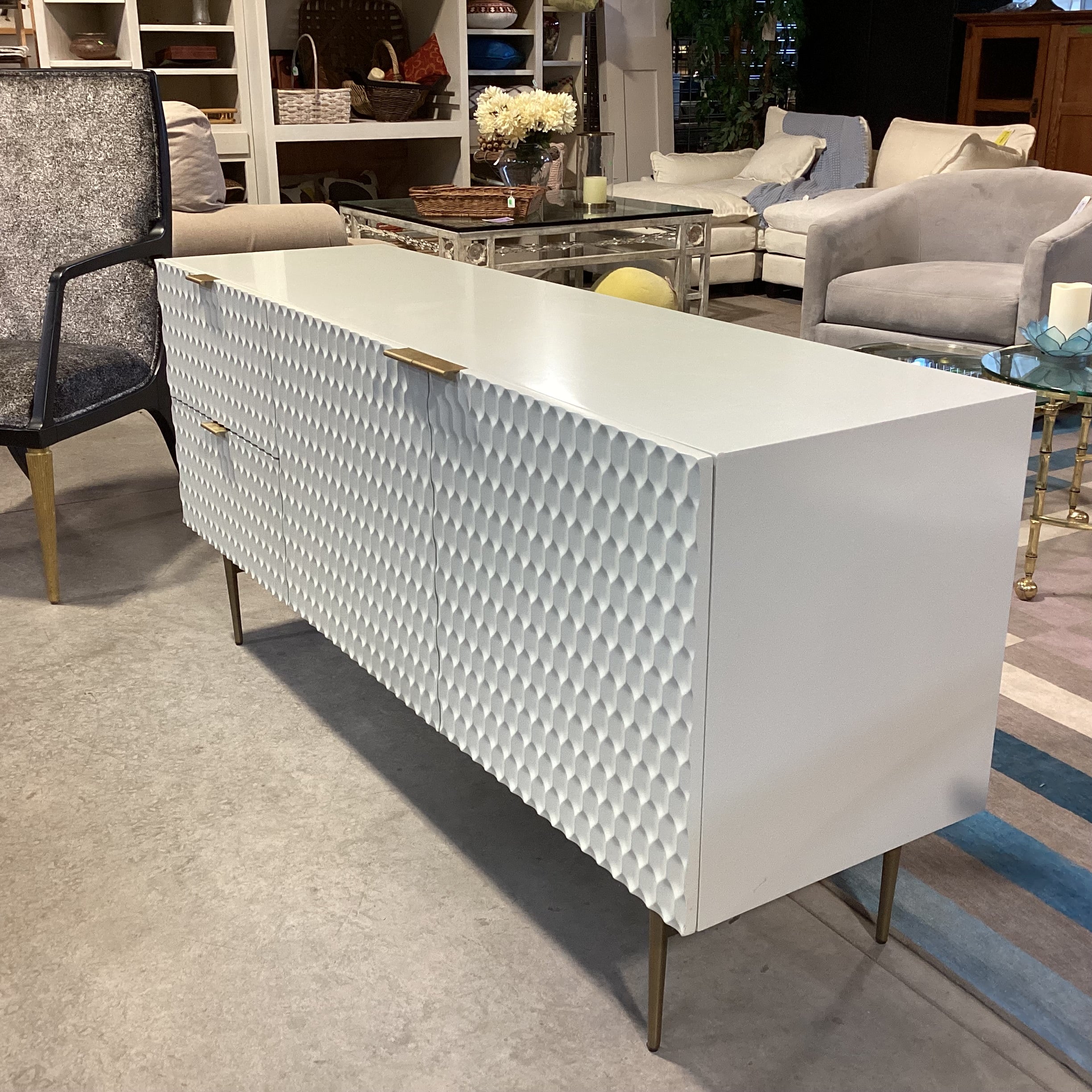 Williams Sonoma Audrey Parchment Kiln Dried Engineered Wood & Antiqued Brass Metal Handles Buffet 62"x 19"x 29.5"