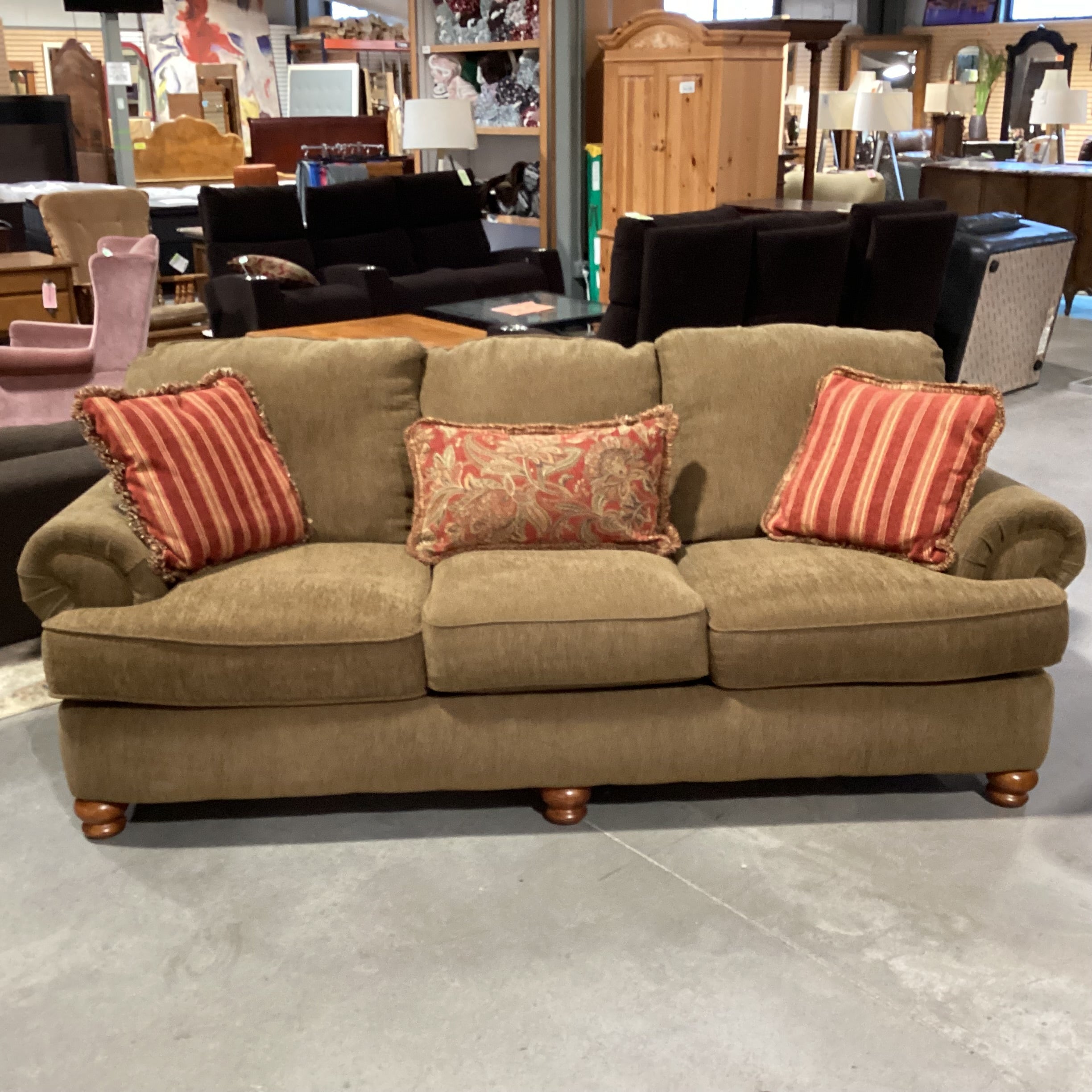 Olive Brown Texture Woven Upholstery with Accent Pillows Sofa 96"x 40"x 32"