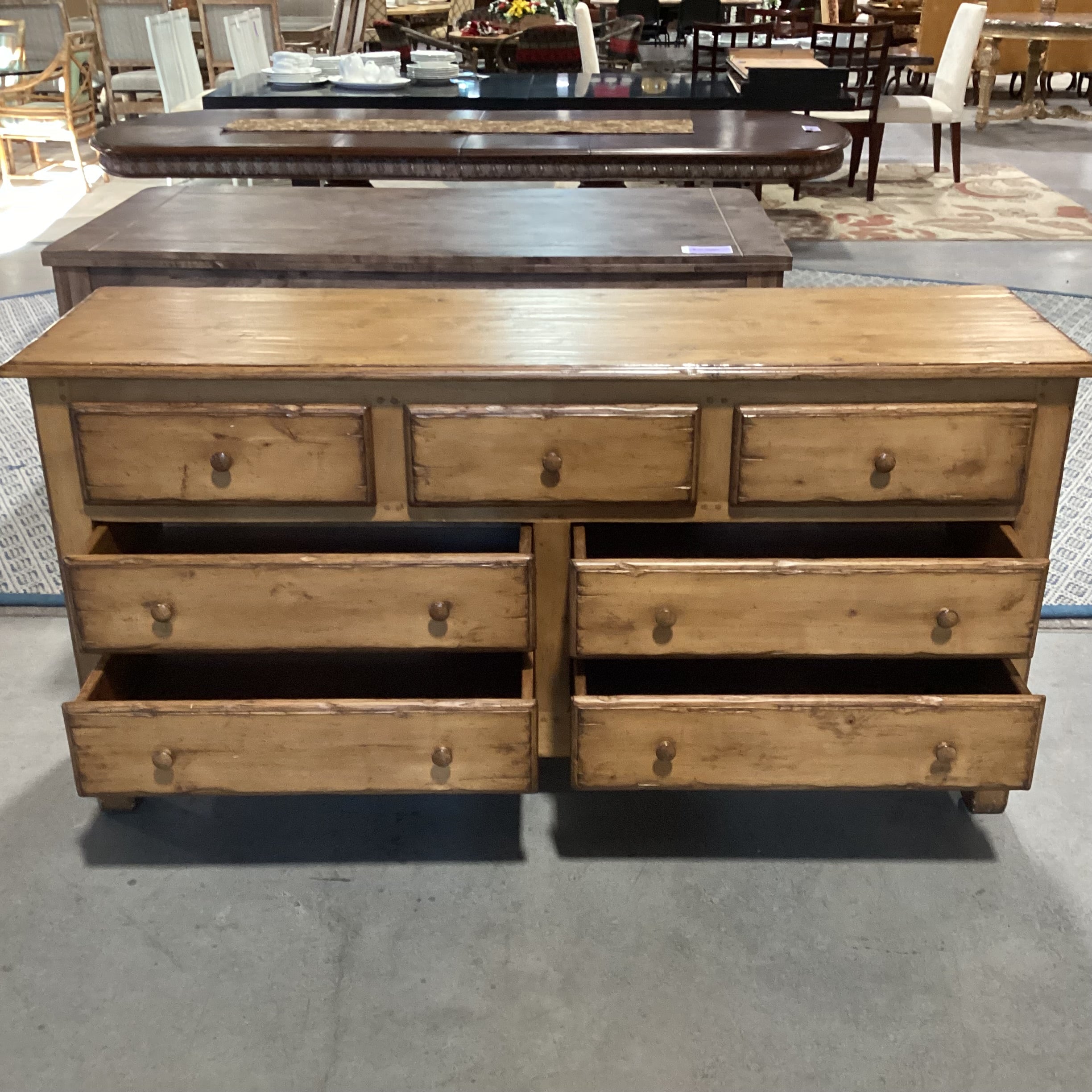 Woodland Furniture Distressed Finish Solid Wood 7 Drawer Dresser 68"x 20"x 34"