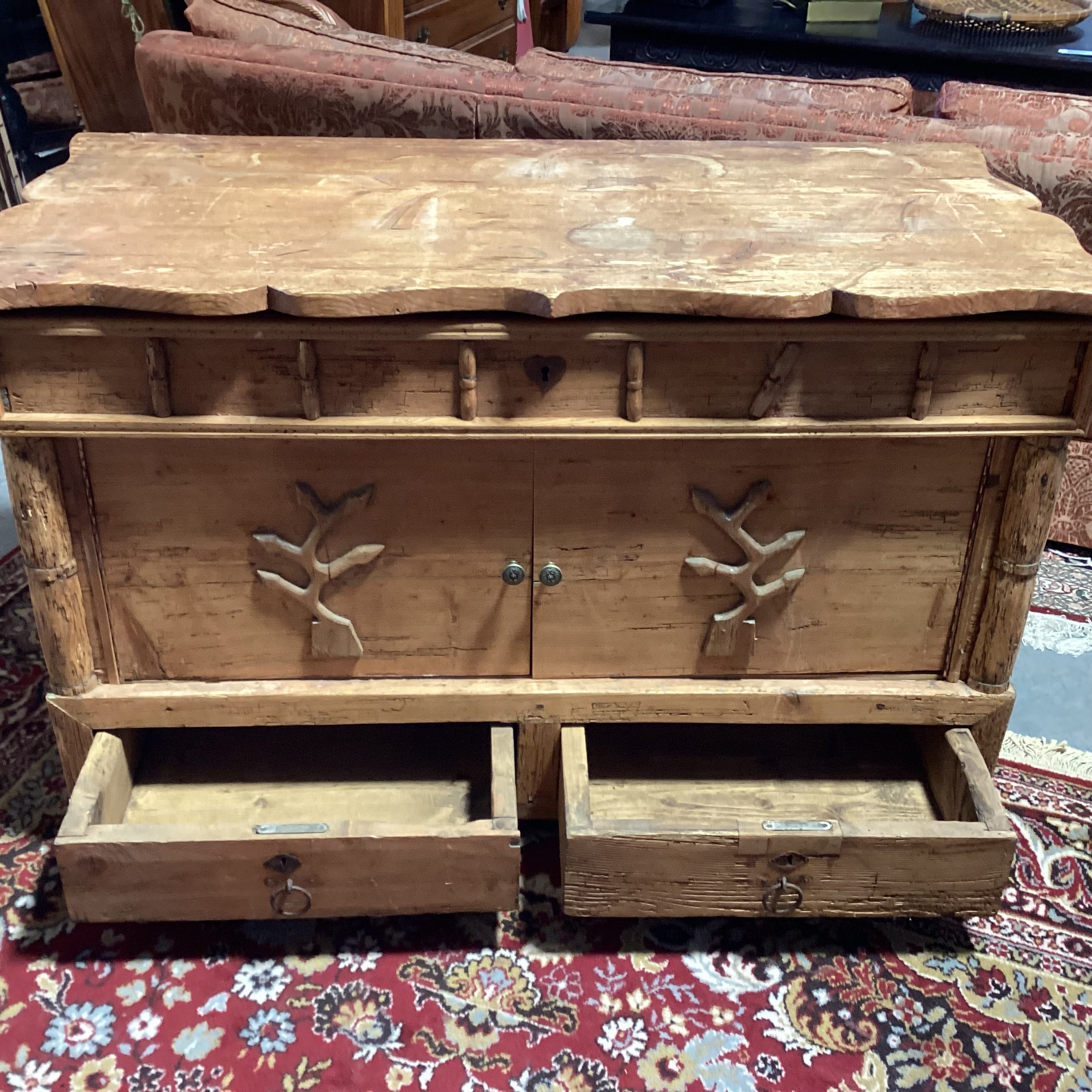Antique Carved Pine with Repurposed Drawers Chest Trunk 52"x 28"x 33"