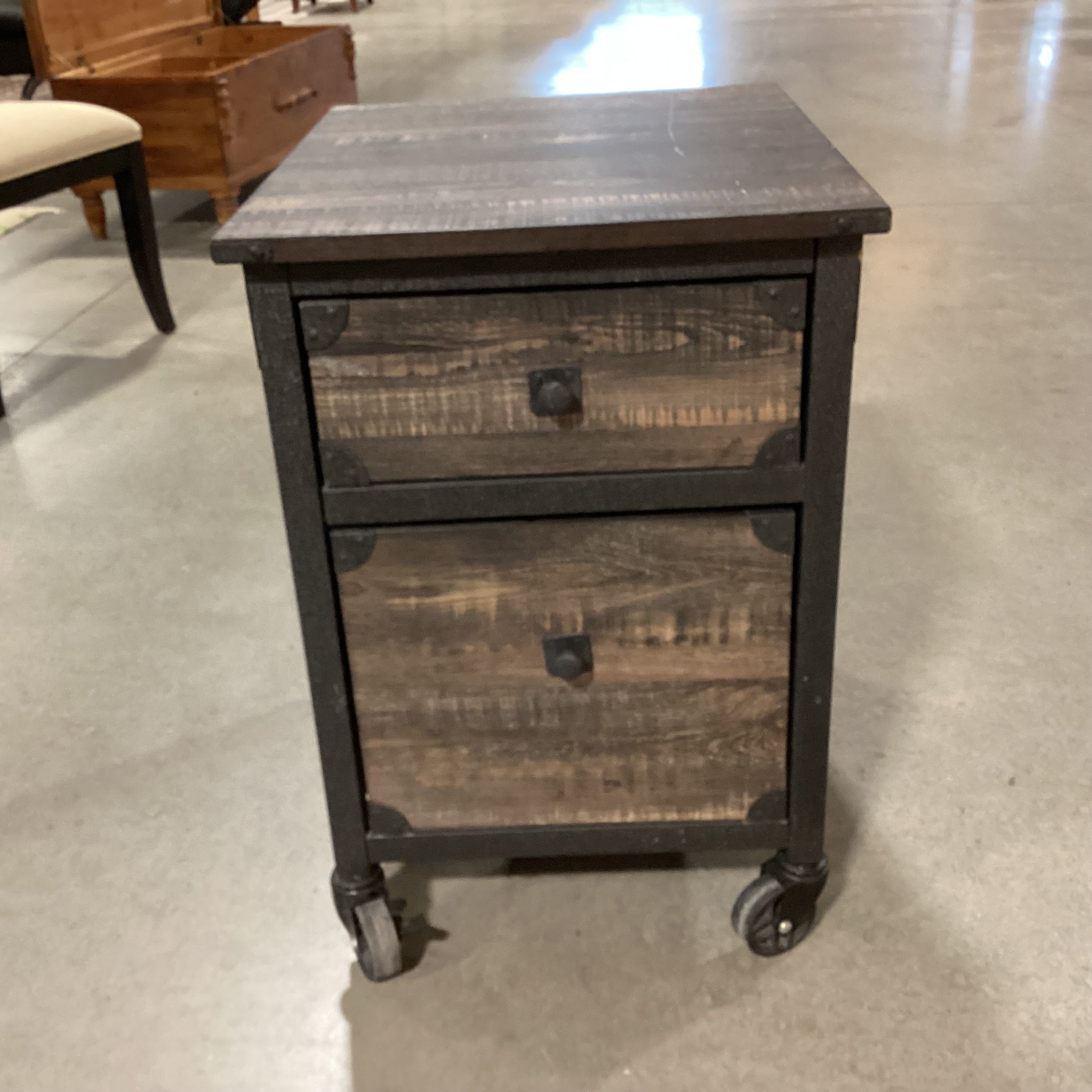 Carbon Oak Wood Style Laminate & Metal on Casters 2 Drawer End Table 18"x 21.5"x 26.5"