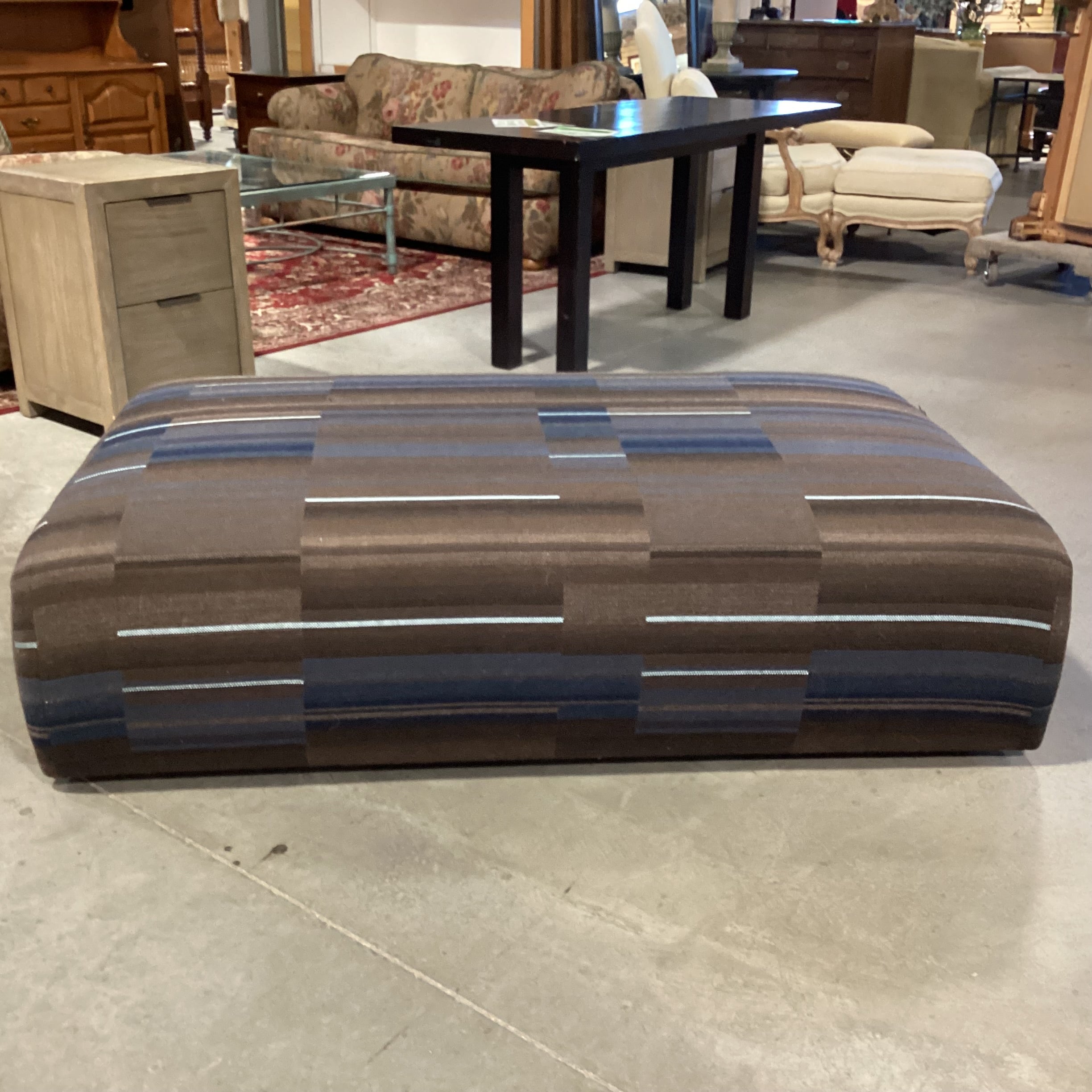 Custom Brown Taupe & Blues Woven Modern Cocktail Ottoman 61"x 37"x 17"