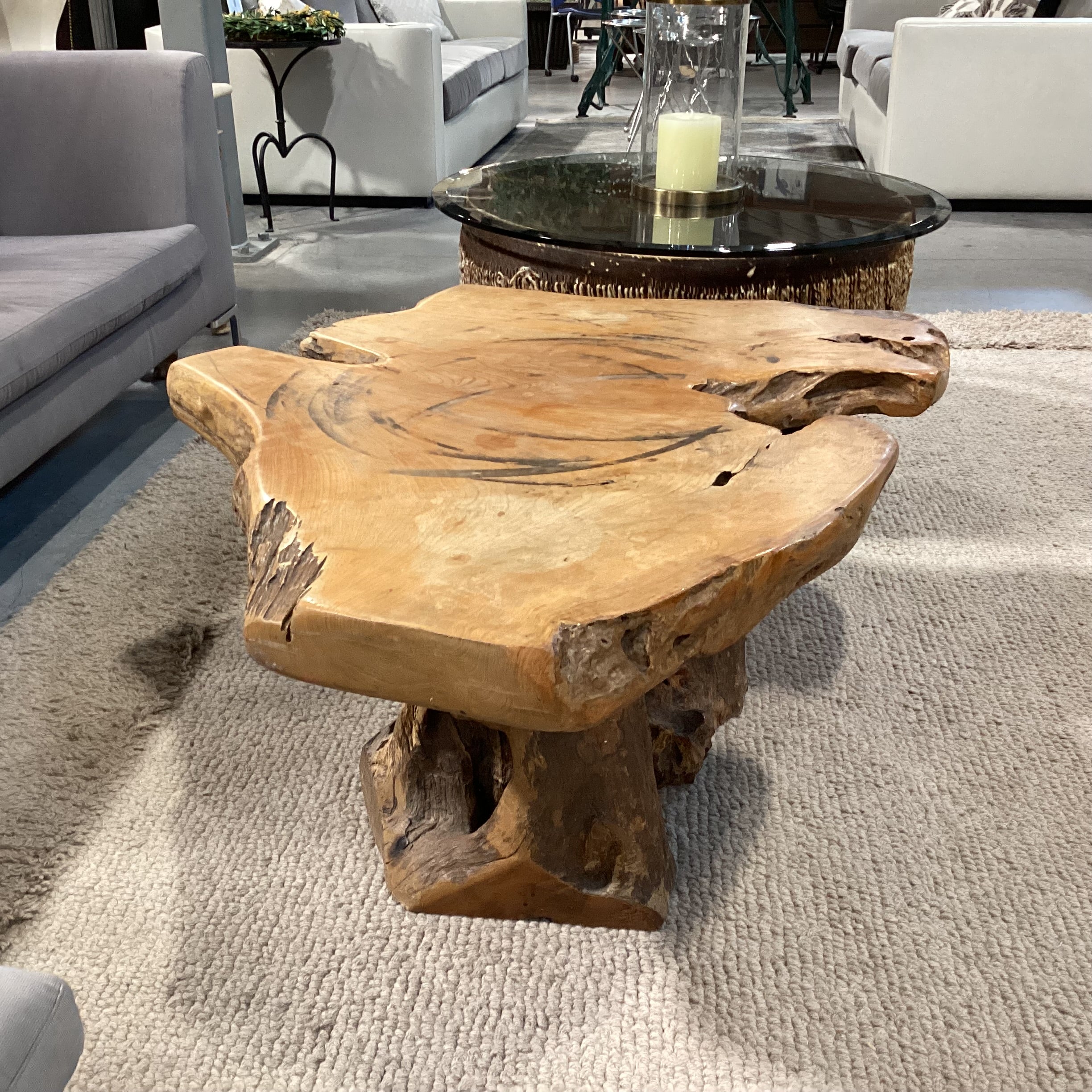 Vintage Root Stump & Live Edge Slab Coffee Table 42"x 34"x 18.5"