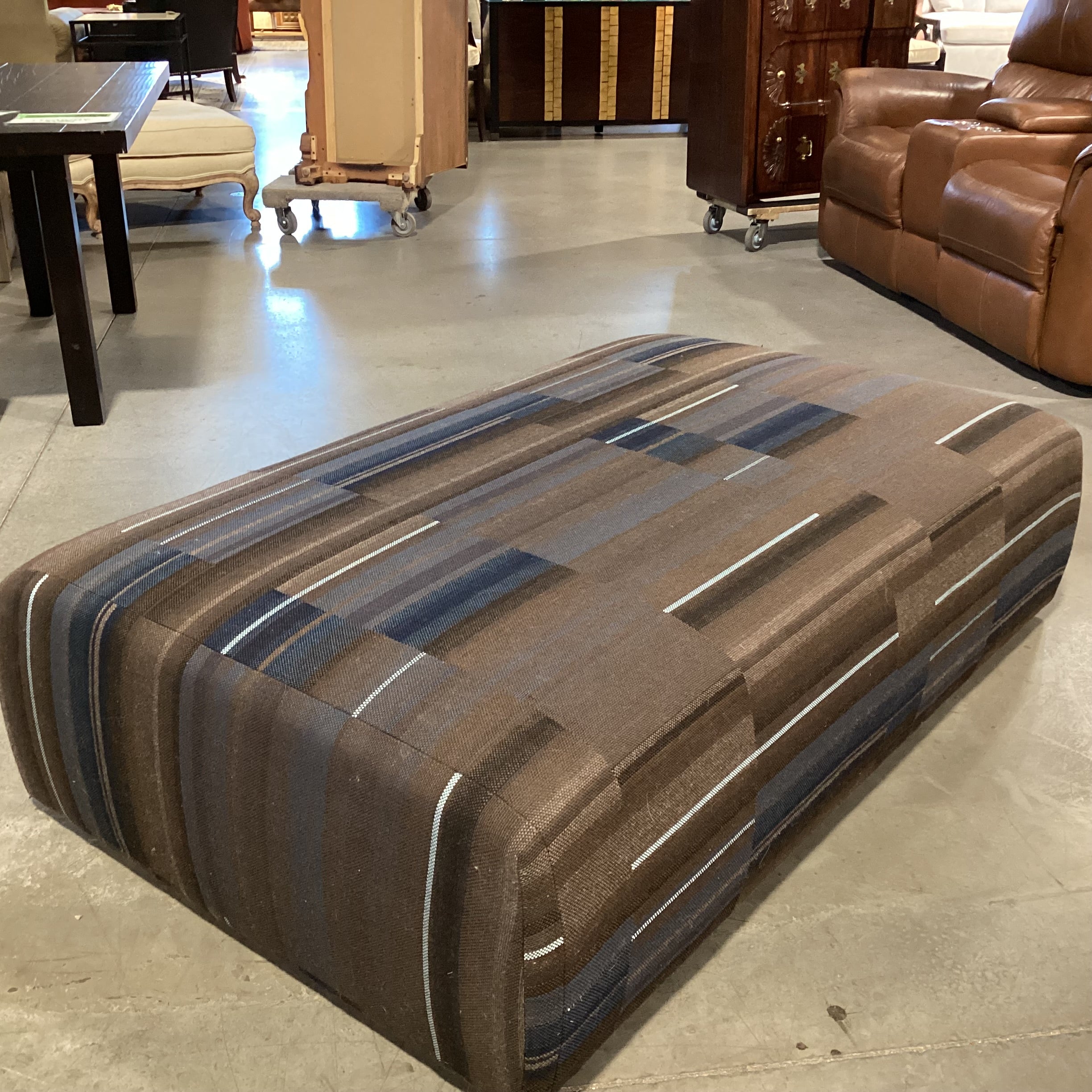 Custom Brown Taupe & Blues Woven Modern Cocktail Ottoman 61"x 37"x 17"