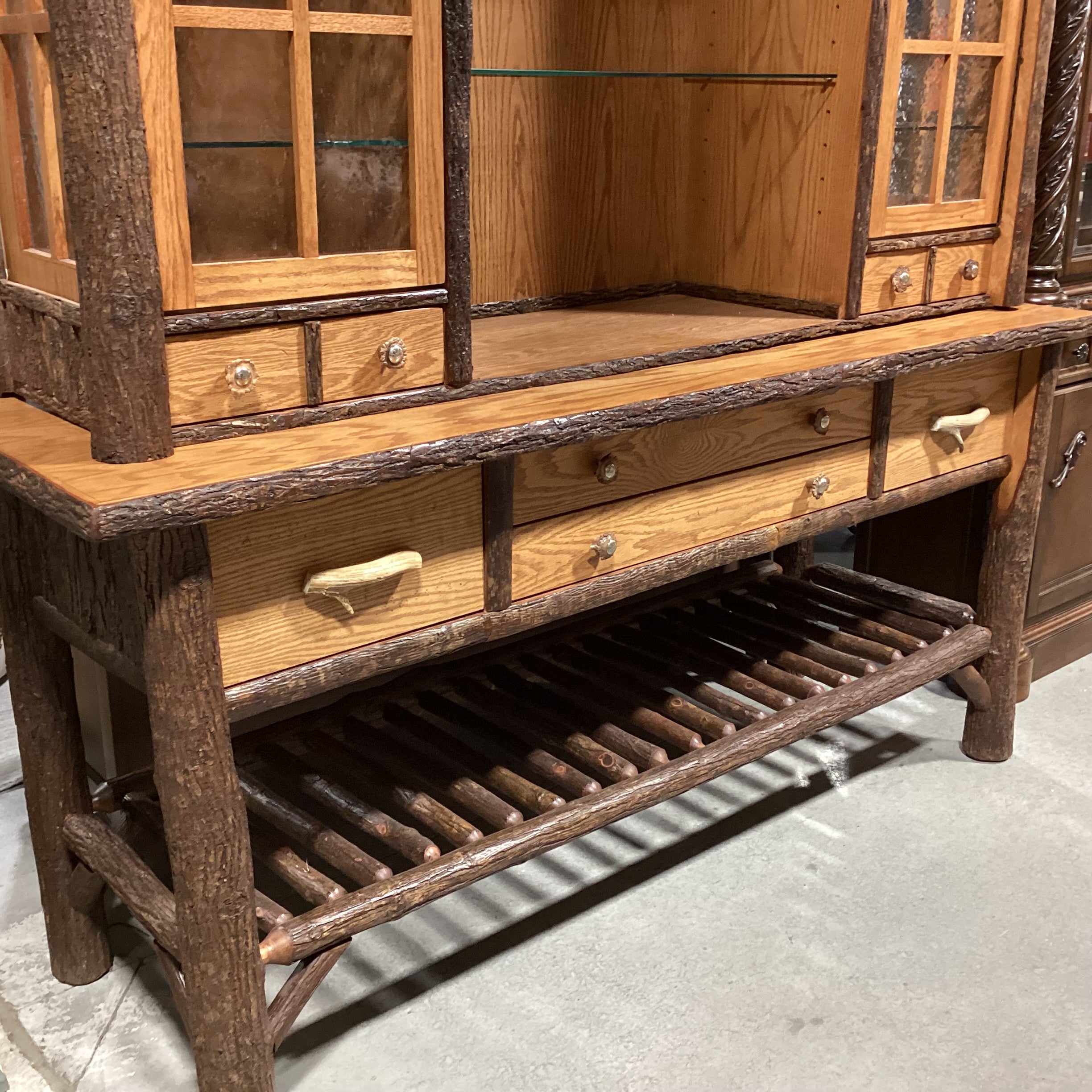 Old Hickory Lodge Craft Big Ranch Hickory Log Oak & Veneers Antler Style Pulls 2 Piece China Hutch 82"x 25.5"x 85"