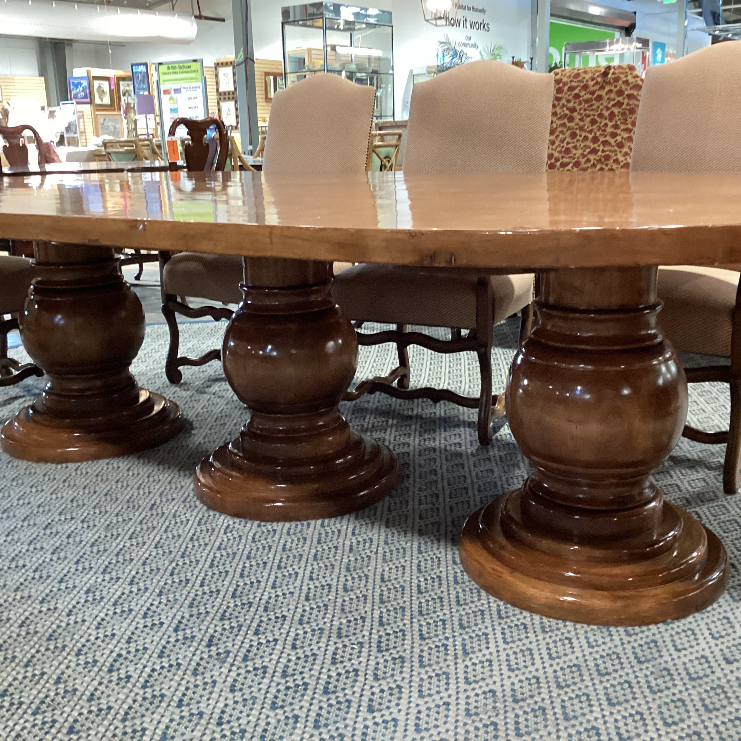 Oval Finished Carved Wood 3 Pedestal Table with 8 Checker Bird Floral Trouvalles Chairs Dining Set 118.5"x 59.5"x 31"